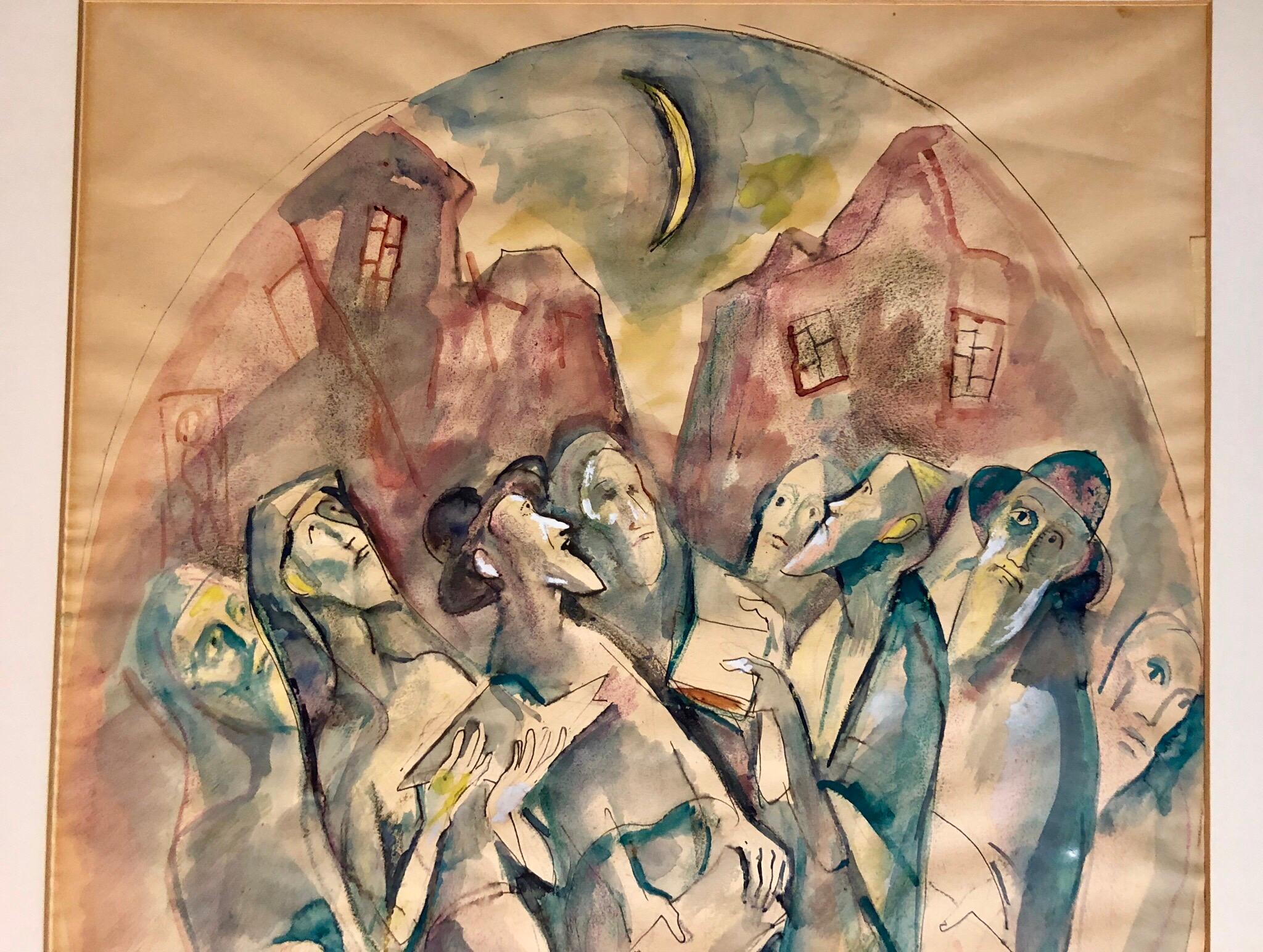 Modernistisches Aquarellgemälde Judaica Kiddush Levana Blessing New Moon, Judaica (Braun), Figurative Painting, von Emanuel Glicenstein Romano