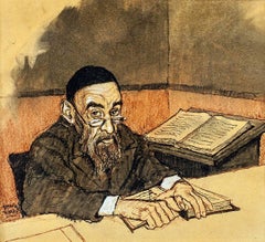 Rabbi at Study, Judaica Watercolor and Ink