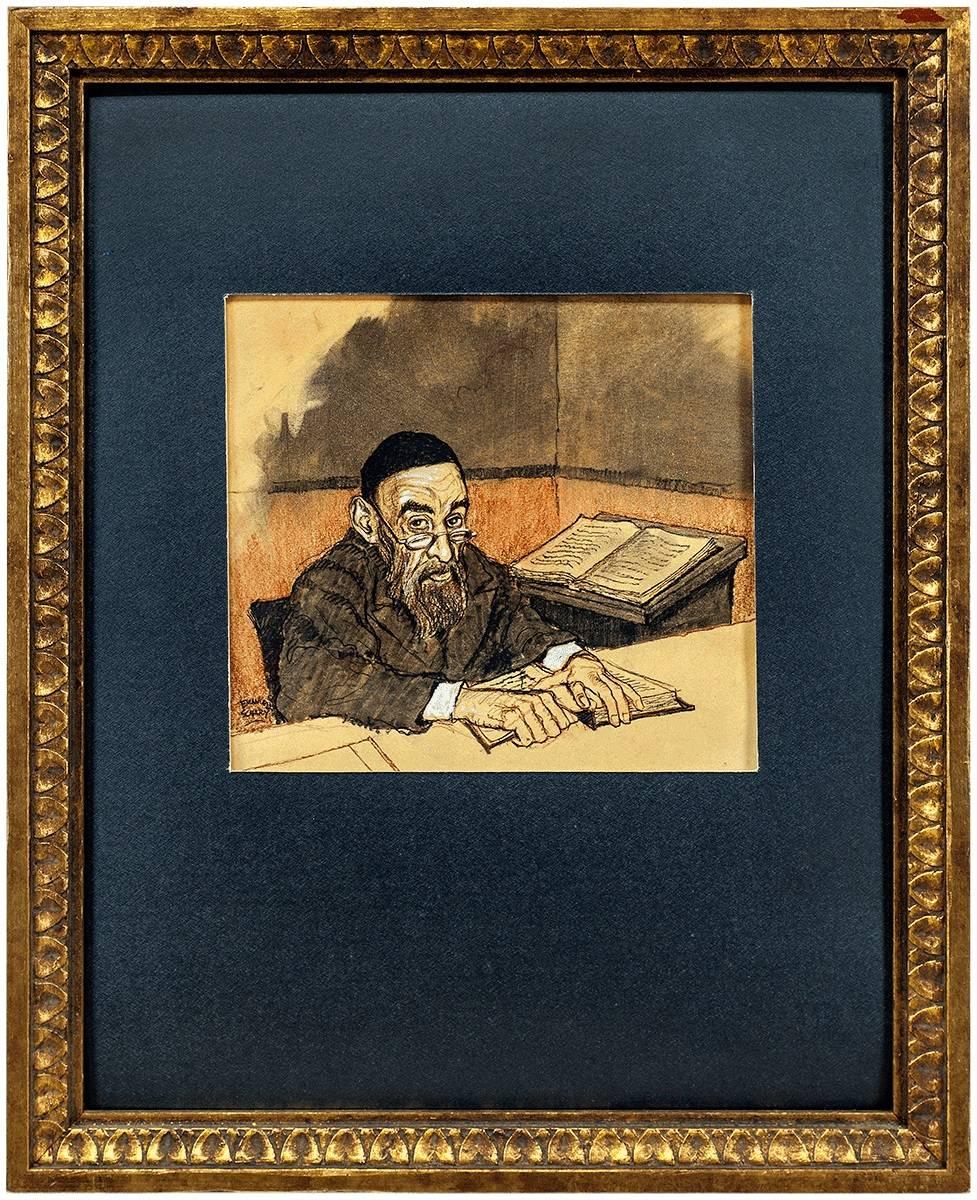 Rabbi at Study, Judaica Watercolor and Ink