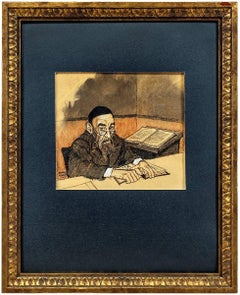 Vintage Rabbi at Study, Judaica Watercolor and Ink