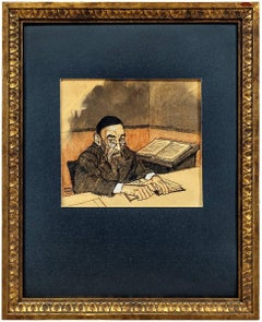 Rabbi at Study, Judaica Watercolor and Ink