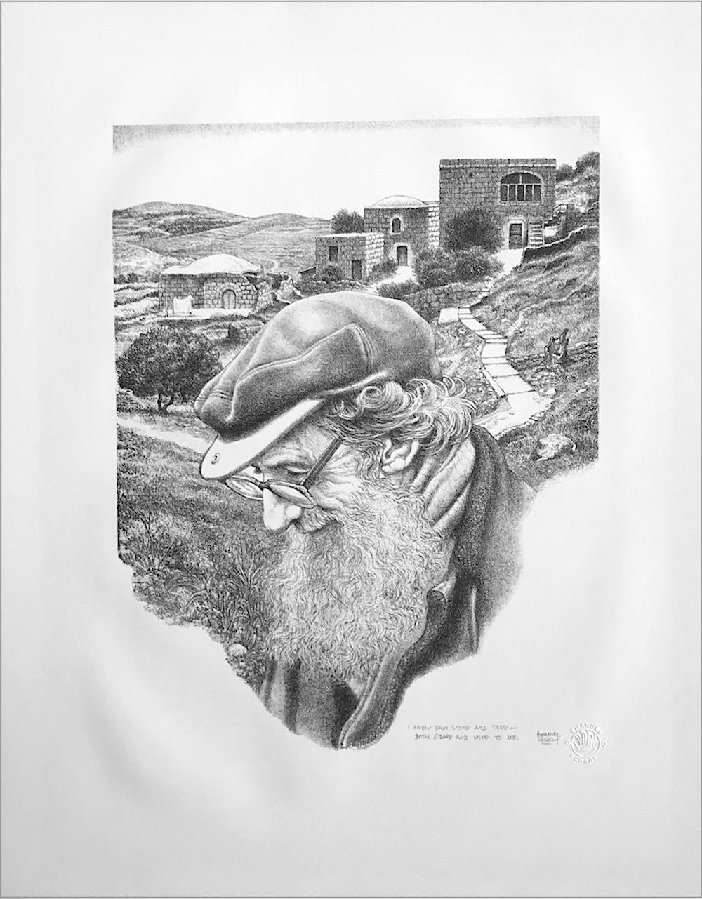 Lithographie signée « I KNEW EACH STONE AND TREE », homme barbu, paysage biblique - Print de Emanuel Schary