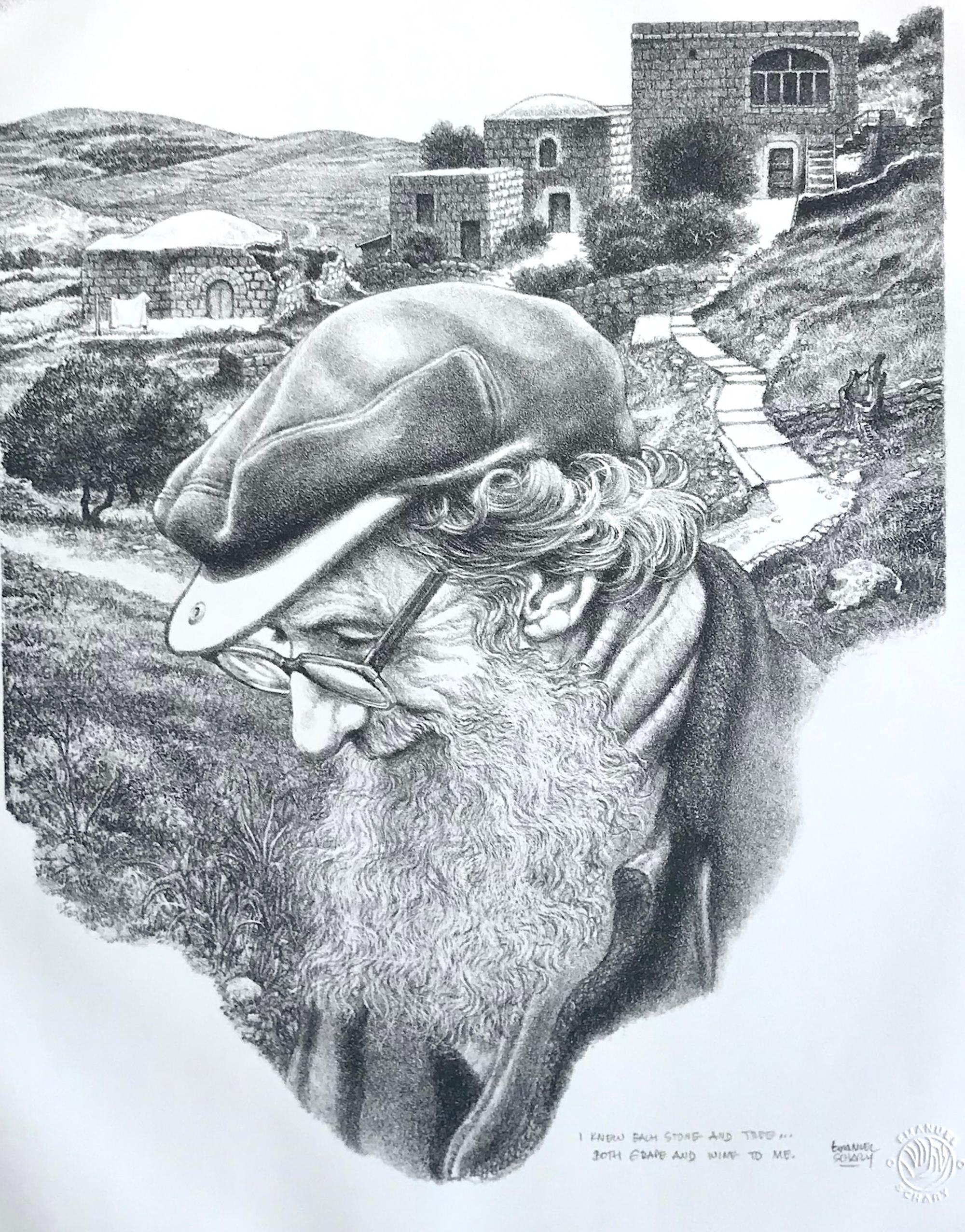 Lithographie signée « I KNEW EACH STONE AND TREE », homme barbu, paysage biblique - Print de Emanuel Schary