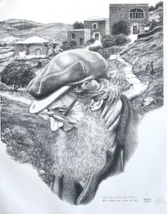 I KNEW EACH STONE AND TREE Litografia firmata, Uomo barbuto, paesaggio biblico