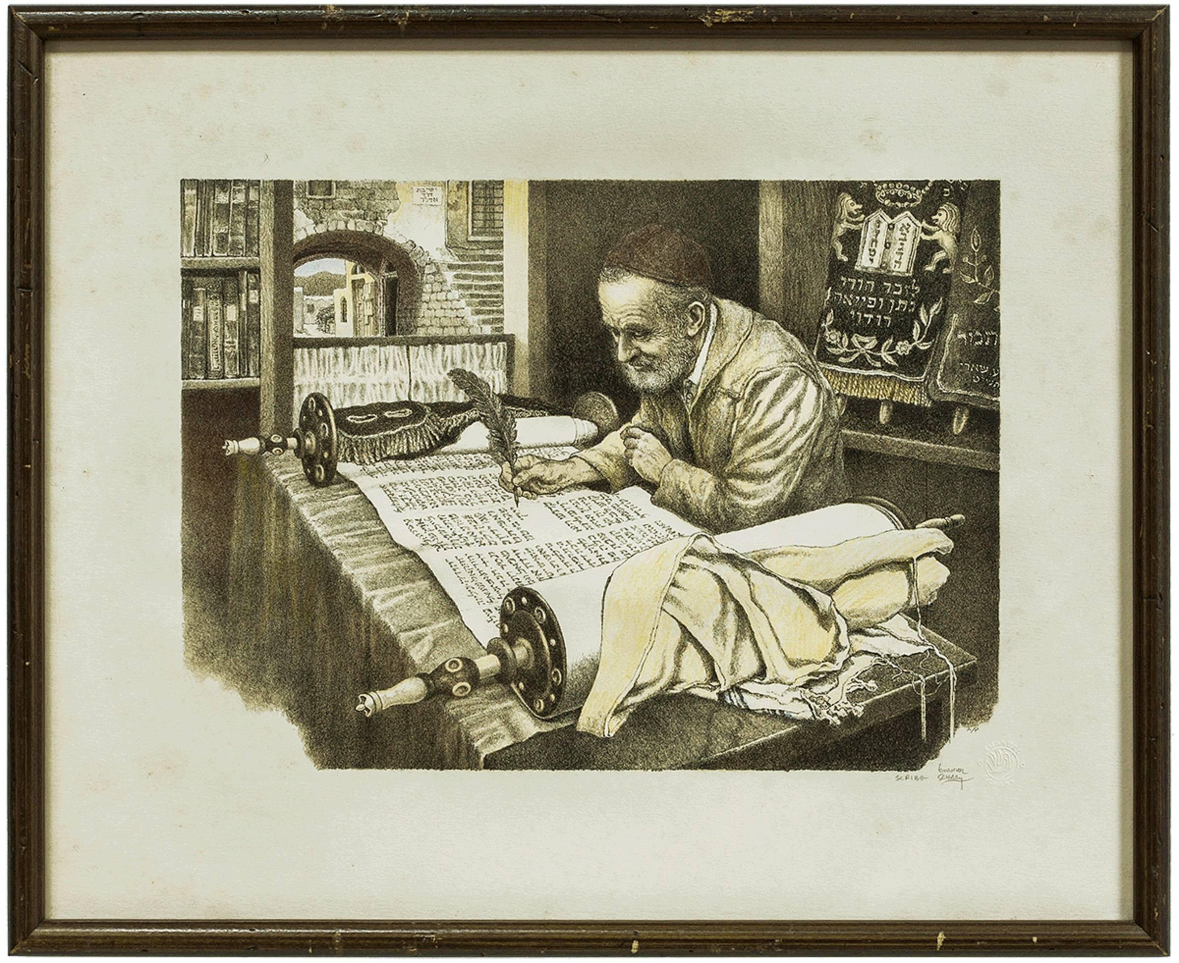 Emanuel Schary Figurative Print - The Scribe, Rabbi Writing A Torah, Judaica Artists Proof