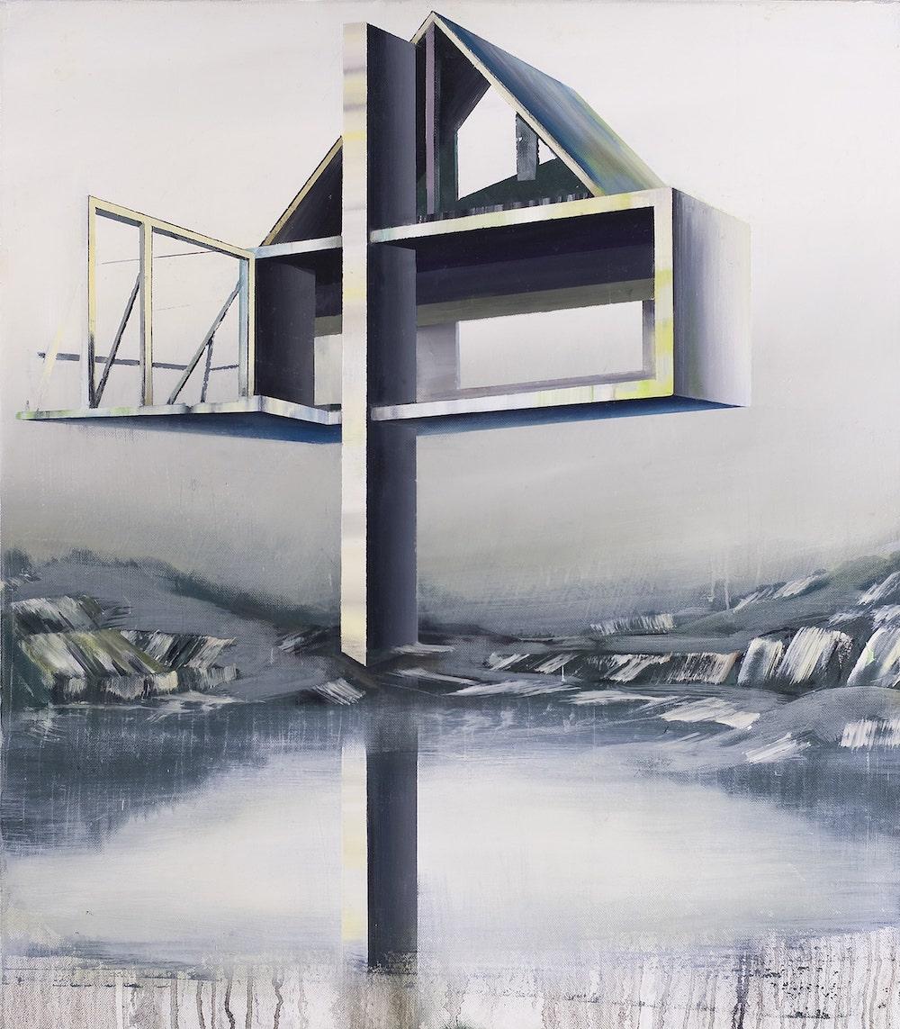 Holdandhope, oil painting by contemporary artist Emanuel Schulze. Oil on canvas, 80 cm x 70 cm. Signed on the side.
The mysterious landscapes of Emanuel Schulze combine architectural shapes and natural surrounds, gestural precision and a delight to