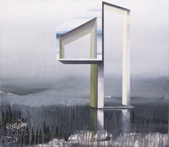 Peinture à l'huile semi-abstraite Parasit d'Emanuel Schulze, tons froids et neutres