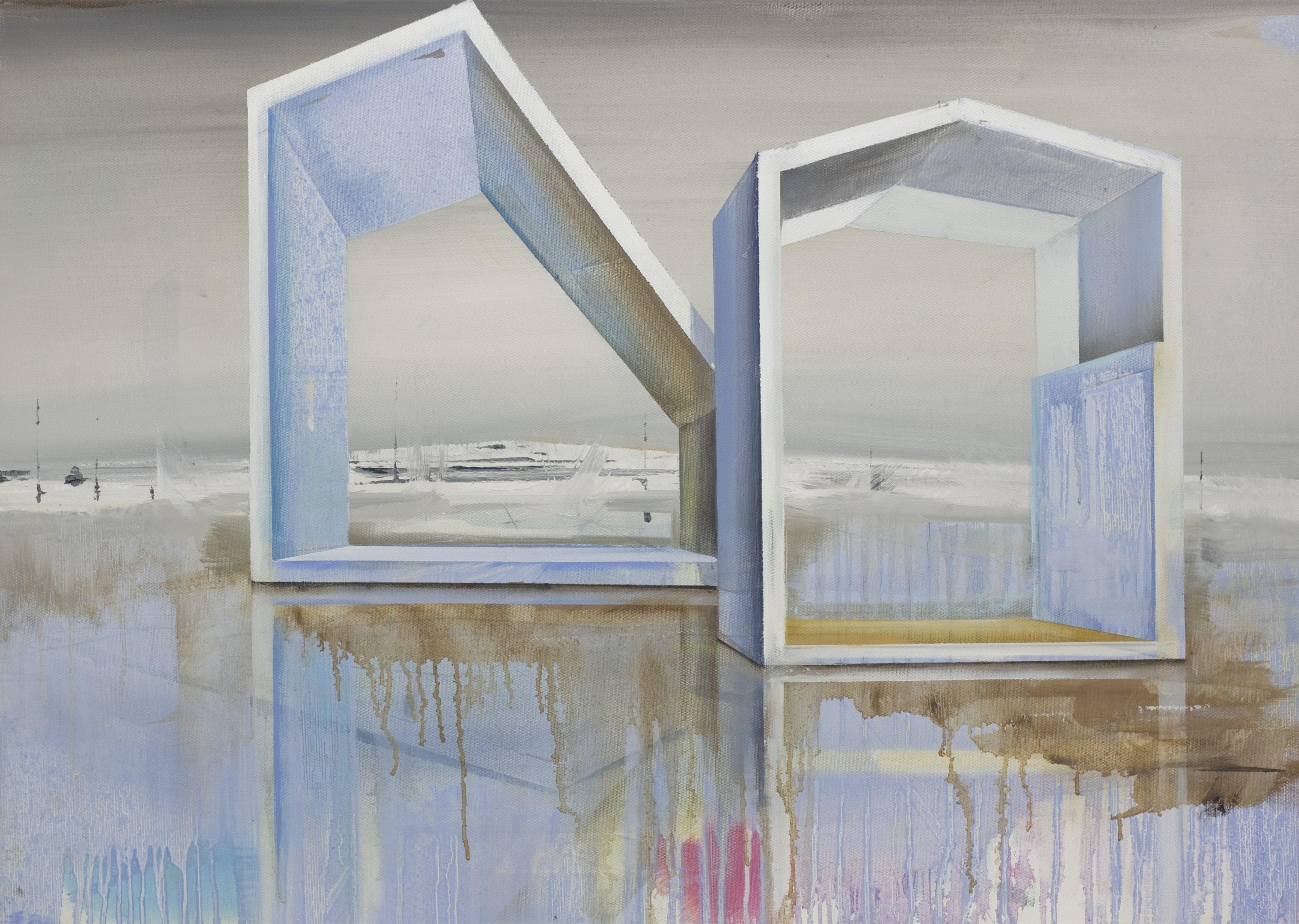 Dos, pintura del artista contemporáneo Emanuel Schulze. Óleo sobre lienzo, 50 cm x 70 cm.
Los misteriosos paisajes de Emanuel Schulze combinan formas arquitectónicas y entornos naturales, precisión gestual y una delicia para componer con felices