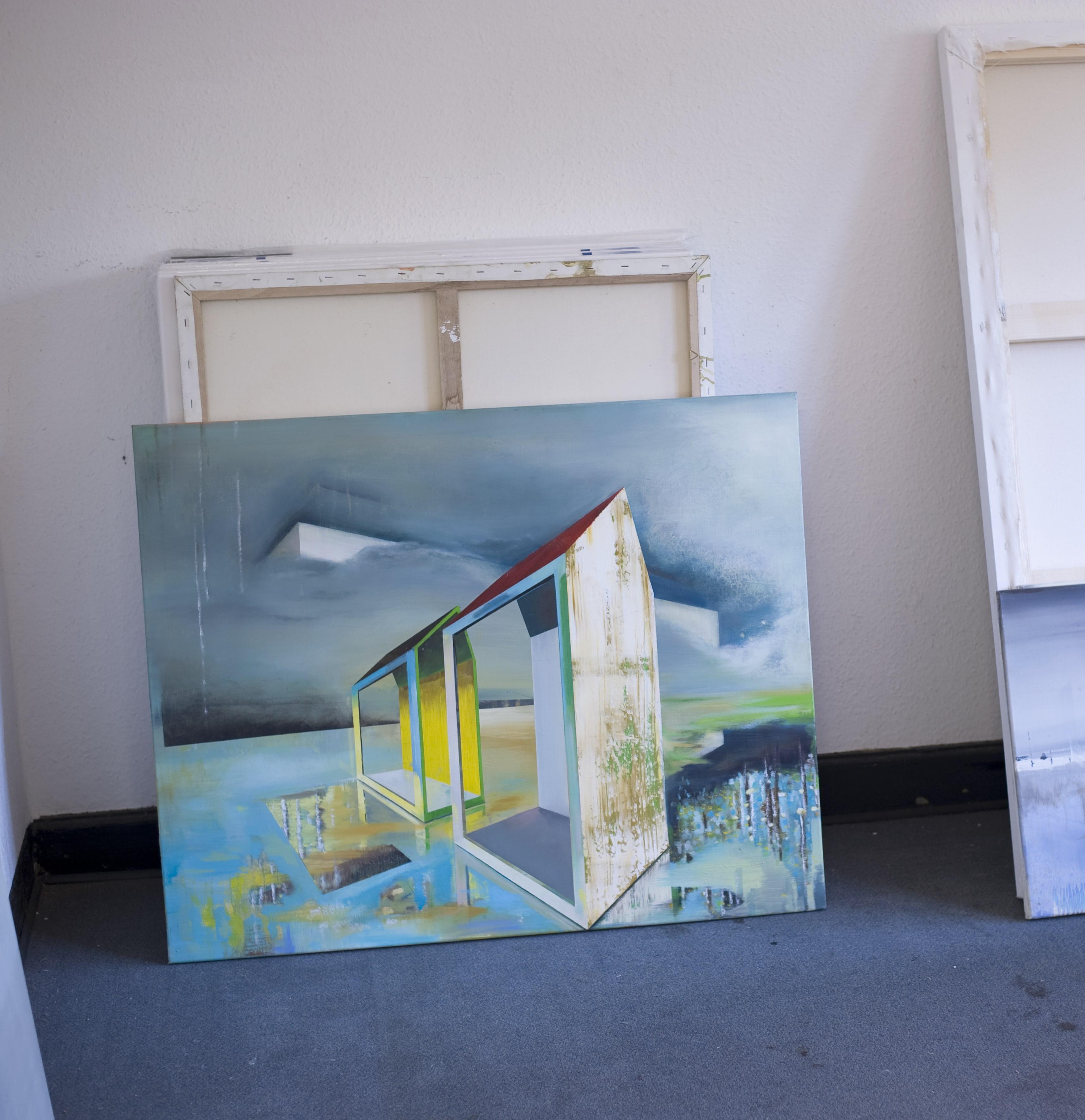 Vorort von Emanuel Schulze - Architektur und Landschaft, Ölgemälde im Angebot 1