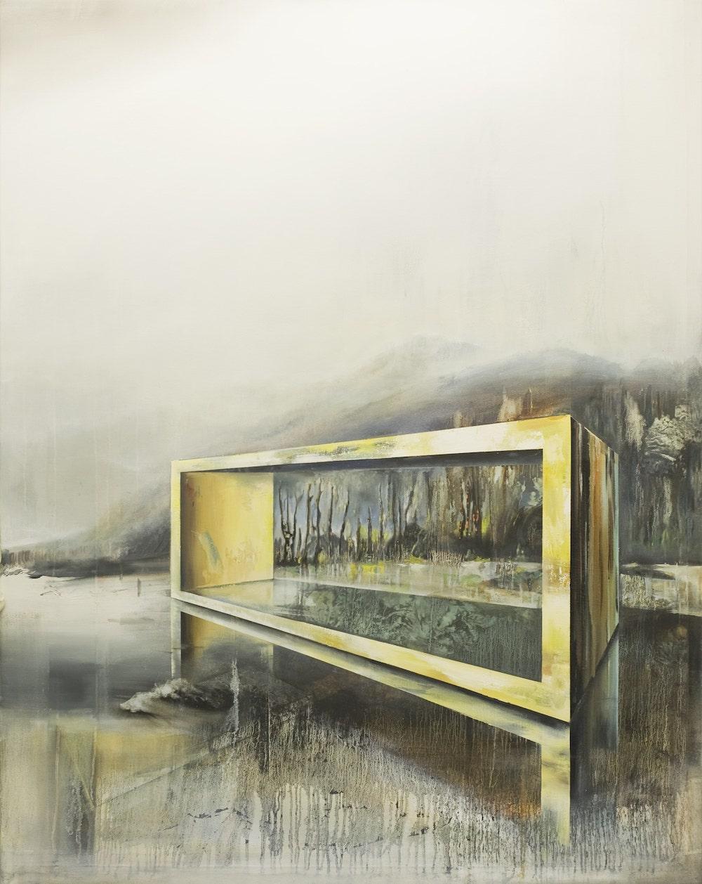 Wandelsgrund is a unique oil on canvas painting by contemporary artist Emanuel Schulze, dimensions are 140 × 110 cm (55.1 × 43.3 in).
The artwork is signed, sold unframed and comes with a certificate of authenticity.

This piece of art depicts an