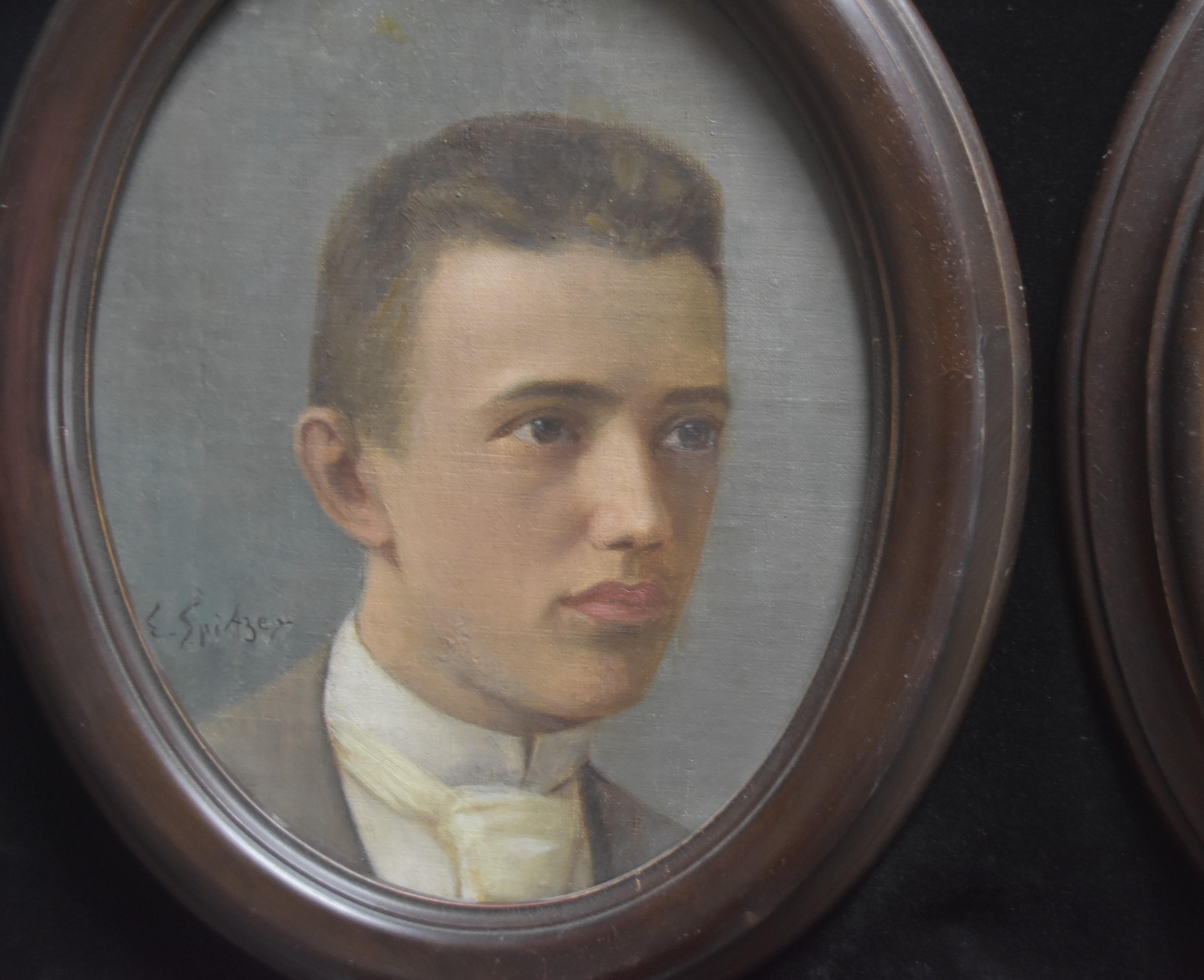 Emanuel Spitzer (1844-1919) 
Two Portraits of young men, a pair
The first one is signed lower left
Oil on canvas tranfered on wood panels
Each one oval  : 29 x 23.5
Each one framed : 36.5 x 30.5 cm (oval)


Emmanuel Spitzer was a German painter. 
He