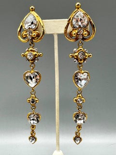 Emanuel Ungaro 1980s Gold and Rhinestone 5.5" Long Pendant Earrings