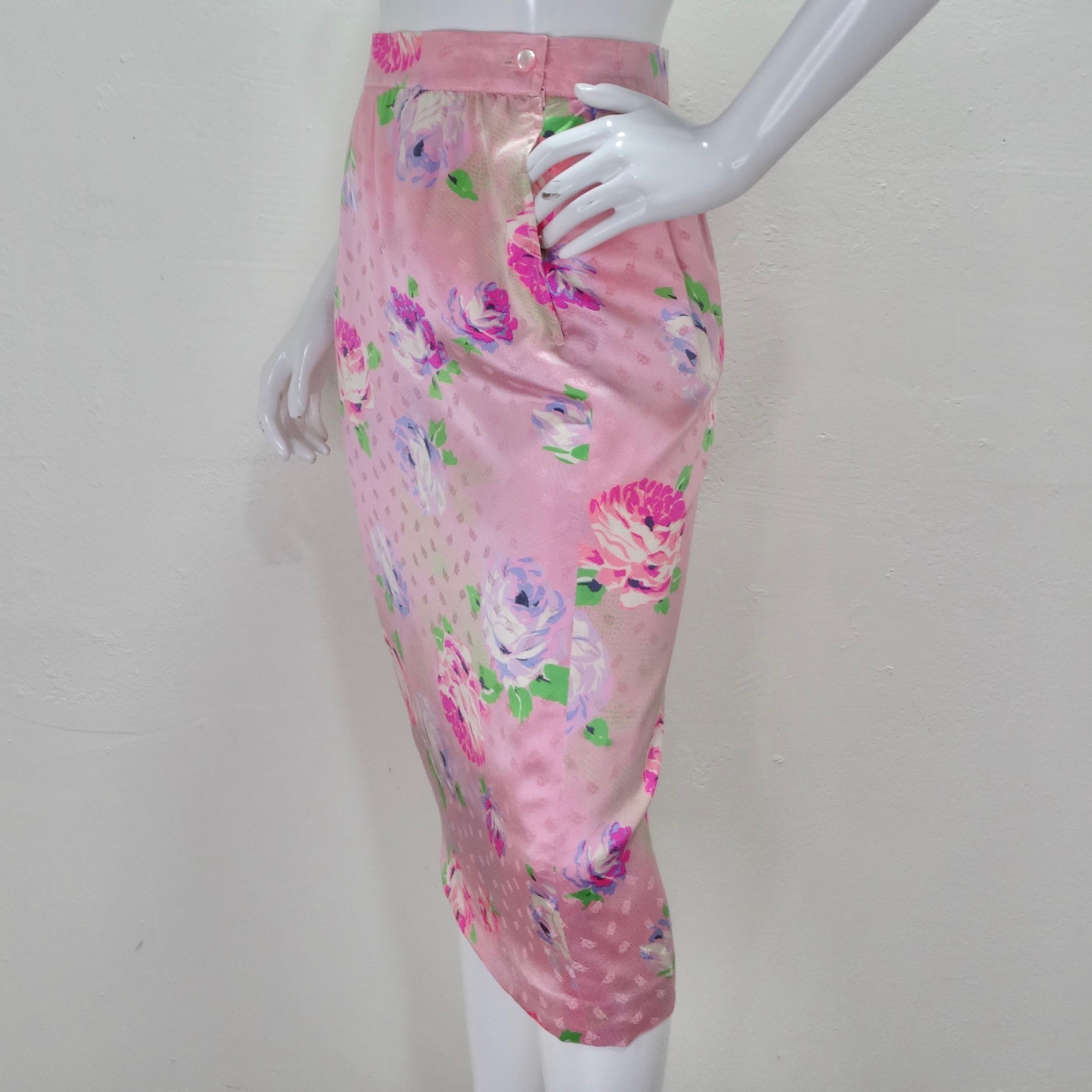 Brown Emanuel Ungaro 1980s Pink Floral Pencil Skirt For Sale