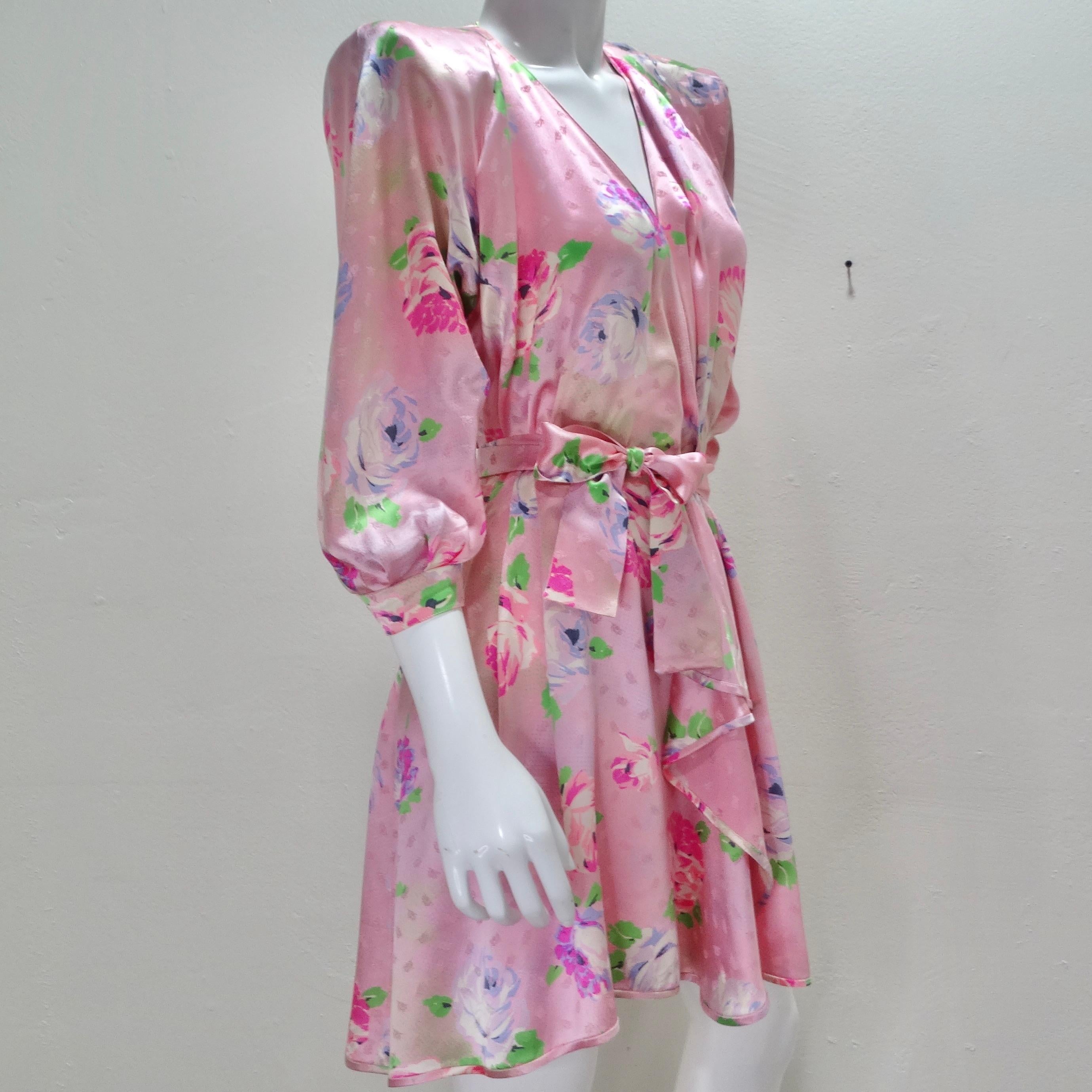 Emanuel Ungaro 1980s Pink Floral Wrap Dress In Excellent Condition For Sale In Scottsdale, AZ