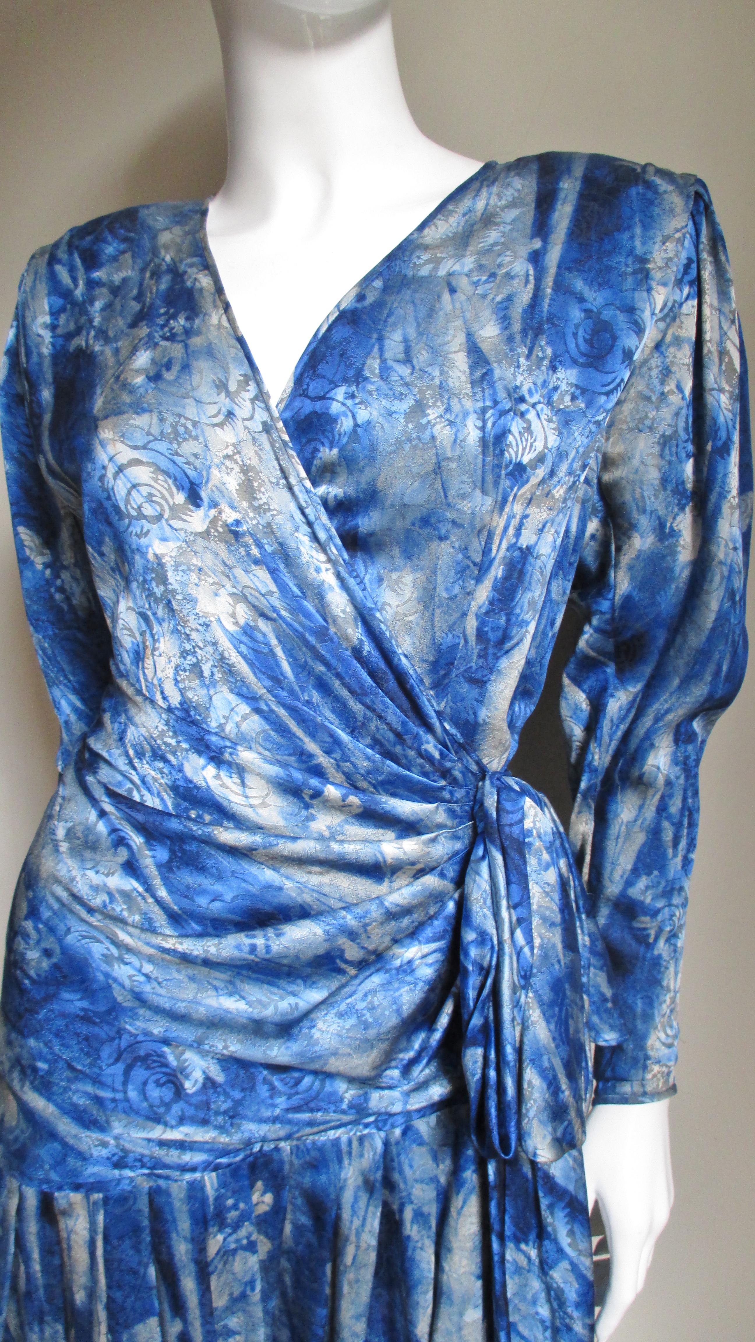 Blue Emanuel Ungaro 1980s Wrap Silk Dress  For Sale