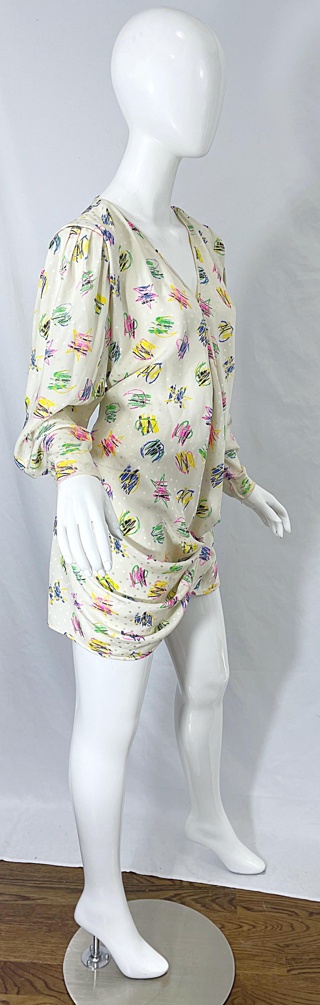 Emanuel Ungaro 1990s Size 10 Novelty Heart Print Ivory Silk Mini Dress or Blouse 7