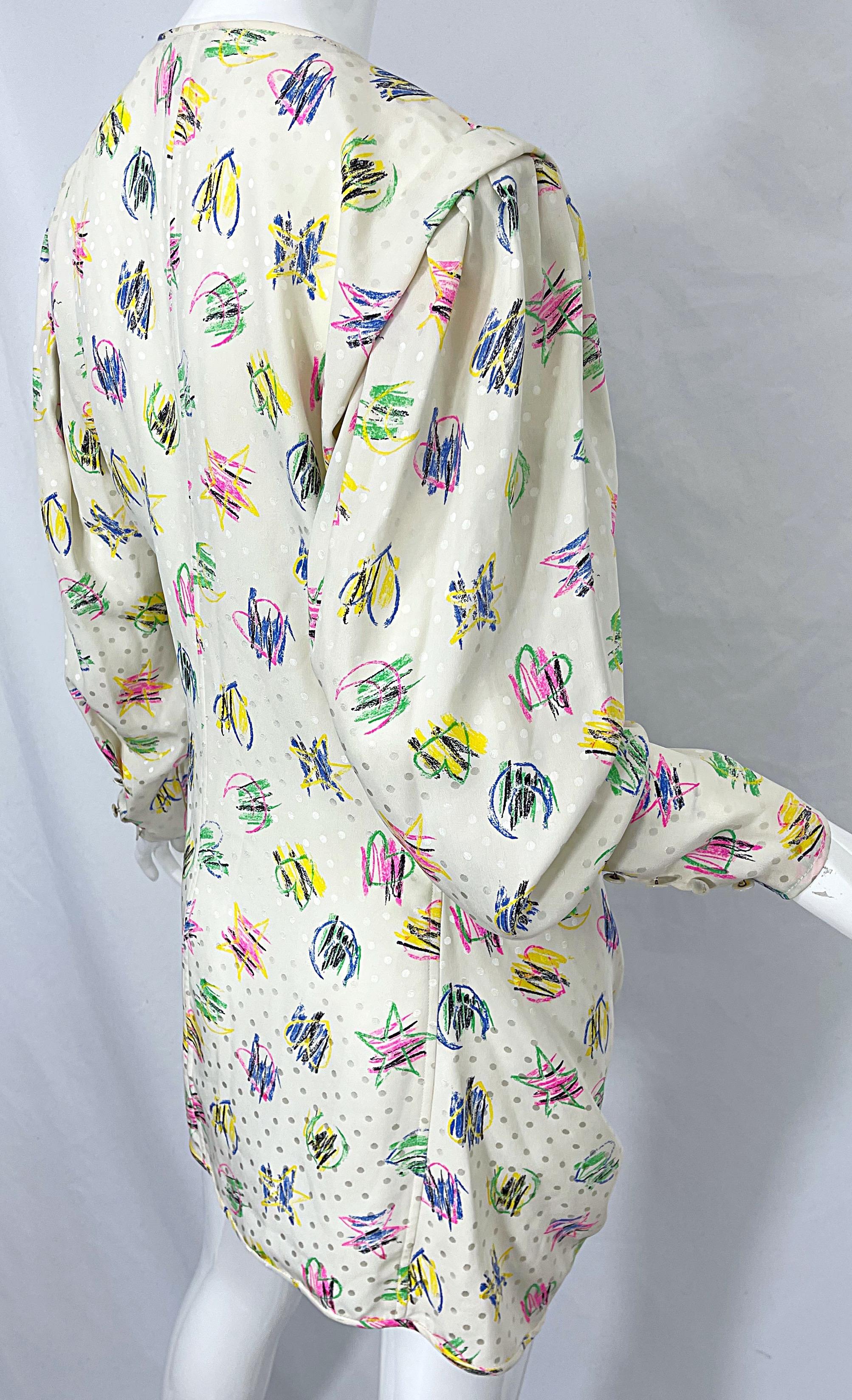Emanuel Ungaro 1990s Size 10 Novelty Heart Print Ivory Silk Mini Dress or Blouse 9