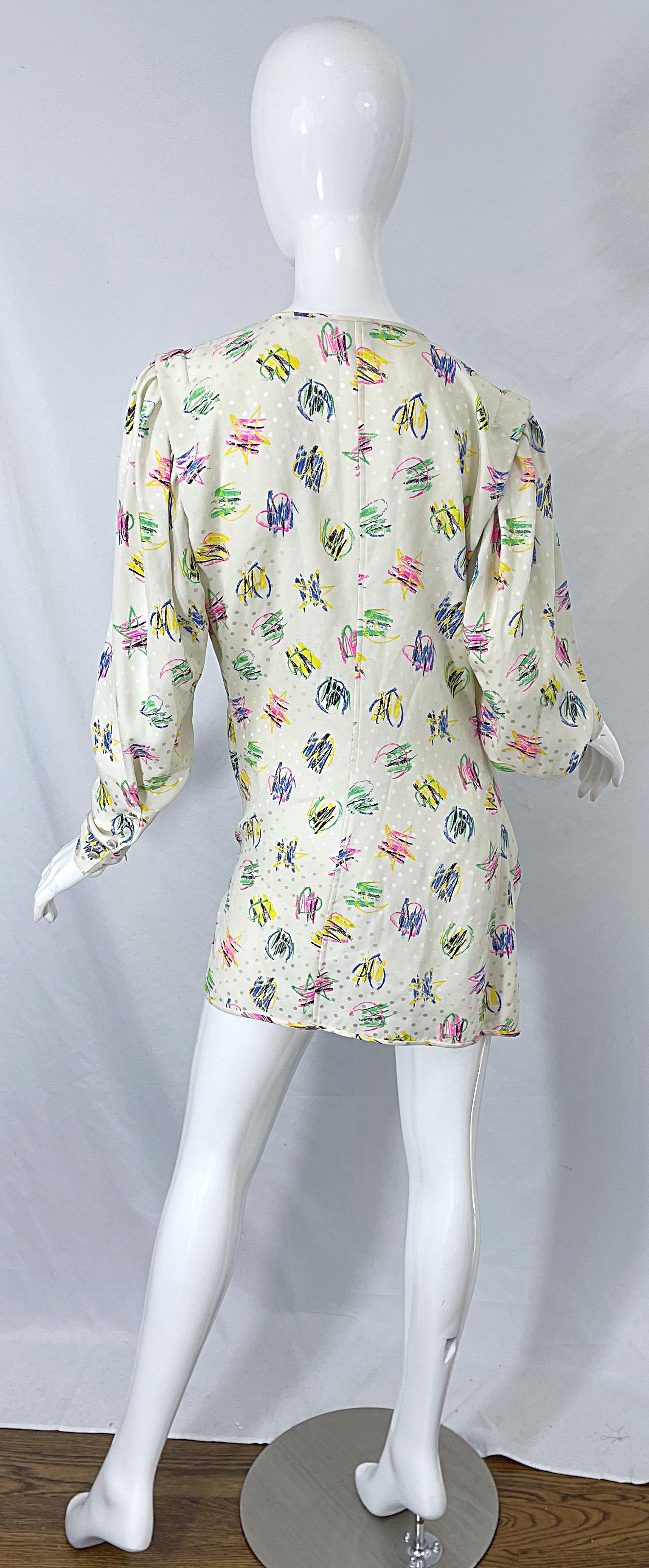 Emanuel Ungaro 1990s Size 10 Novelty Heart Print Ivory Silk Mini Dress or Blouse 10