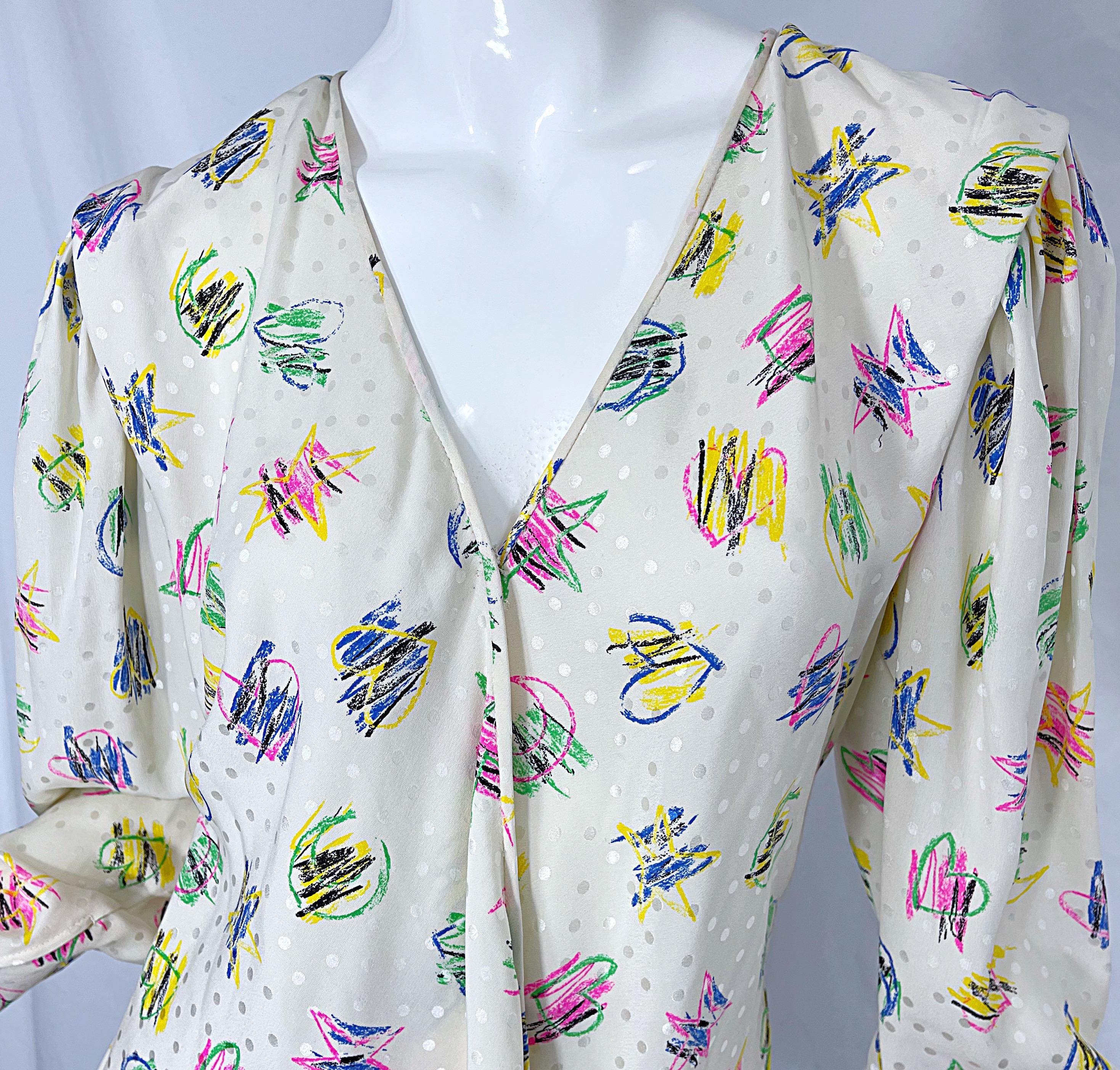 Emanuel Ungaro 1990s Size 10 Novelty Heart Print Ivory Silk Mini Dress or Blouse In Excellent Condition In San Diego, CA
