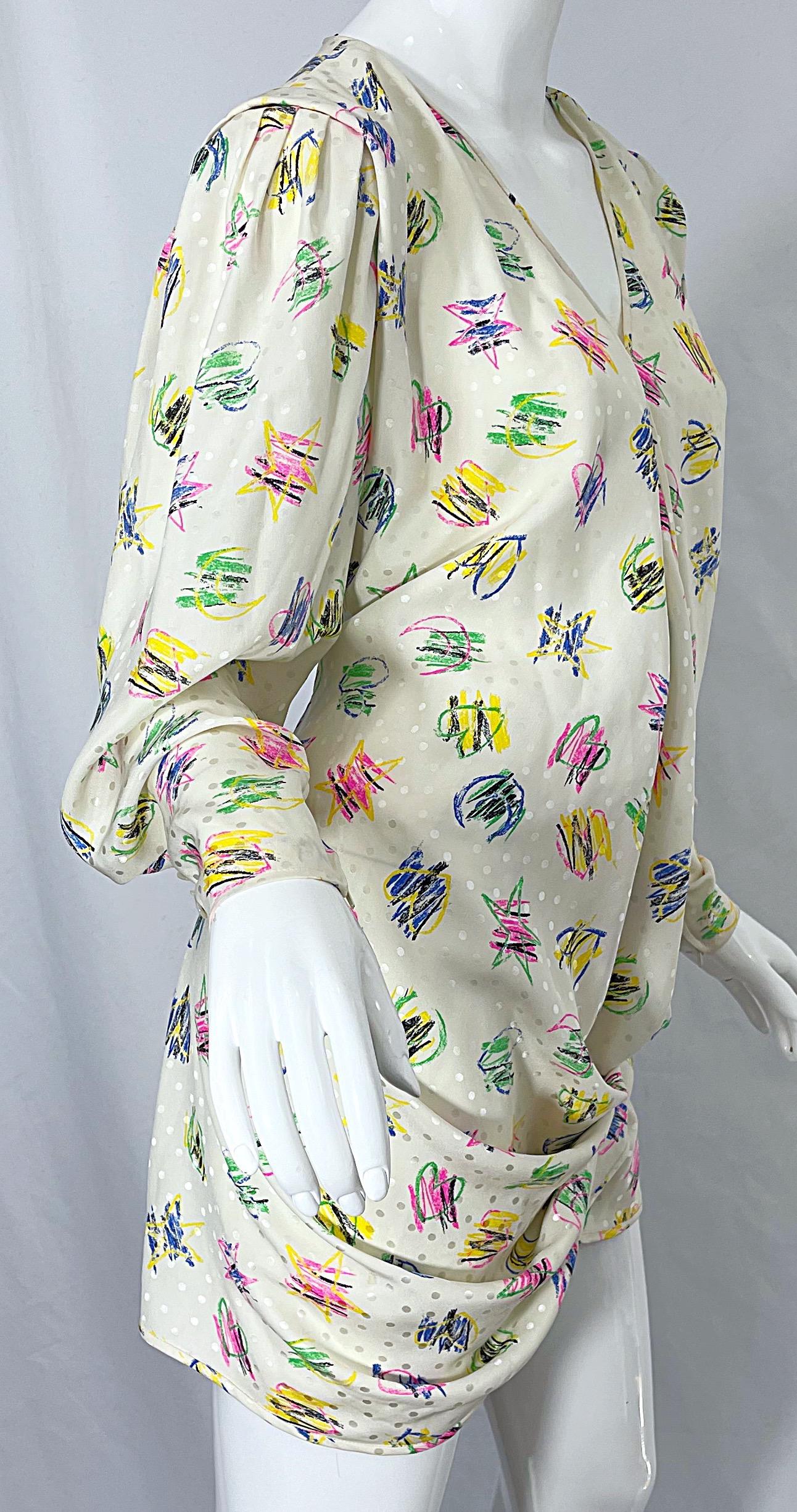 Emanuel Ungaro 1990s Size 10 Novelty Heart Print Ivory Silk Mini Dress or Blouse 2