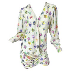 Emanuel Ungaro 1990s Size 10 Novelty Heart Print Ivory Silk Mini Dress or Blouse