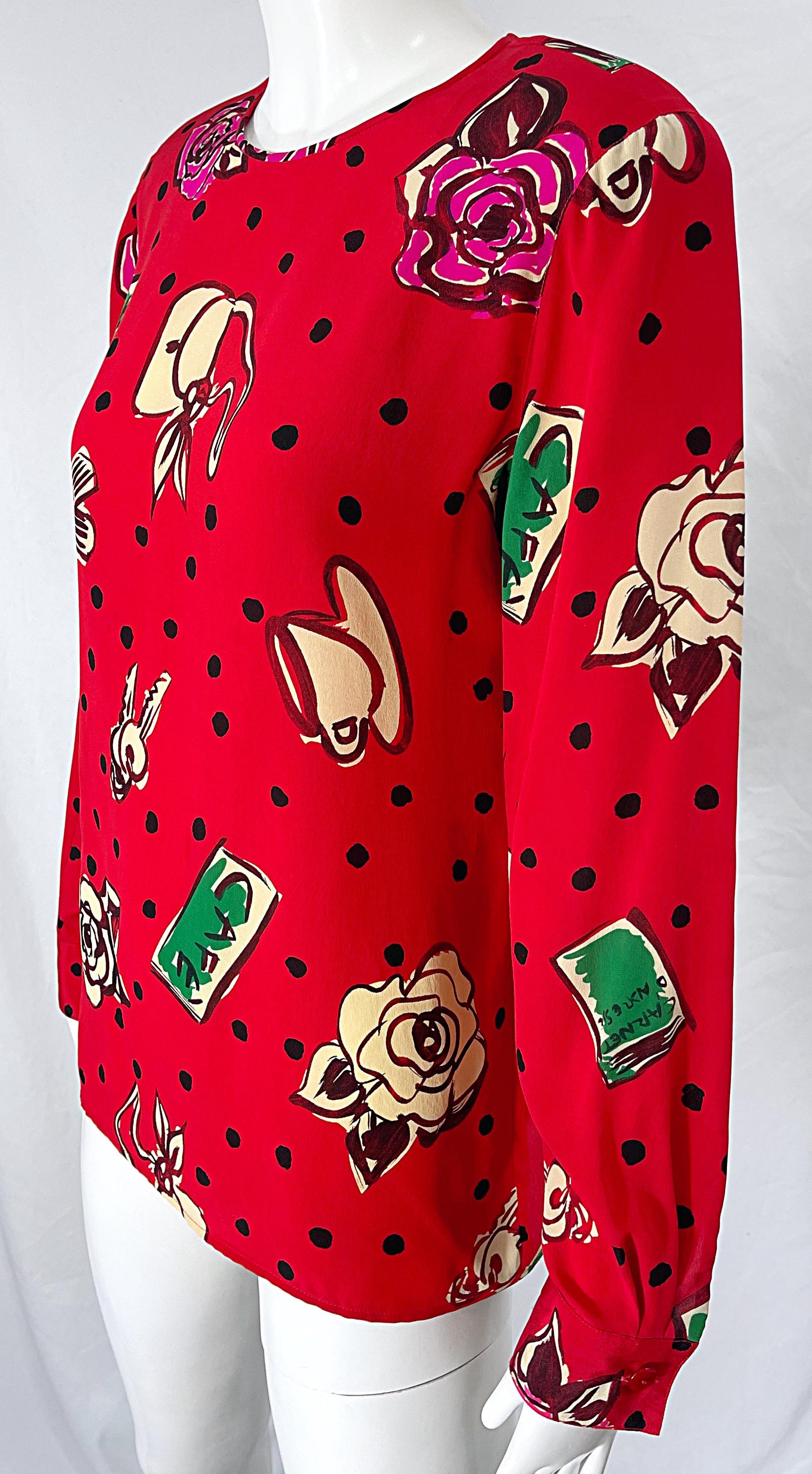 Emanuel Ungaro 1990s Size 10 Red Novelty Print Silk Vintage 90s Blouse Shirt Top For Sale 3