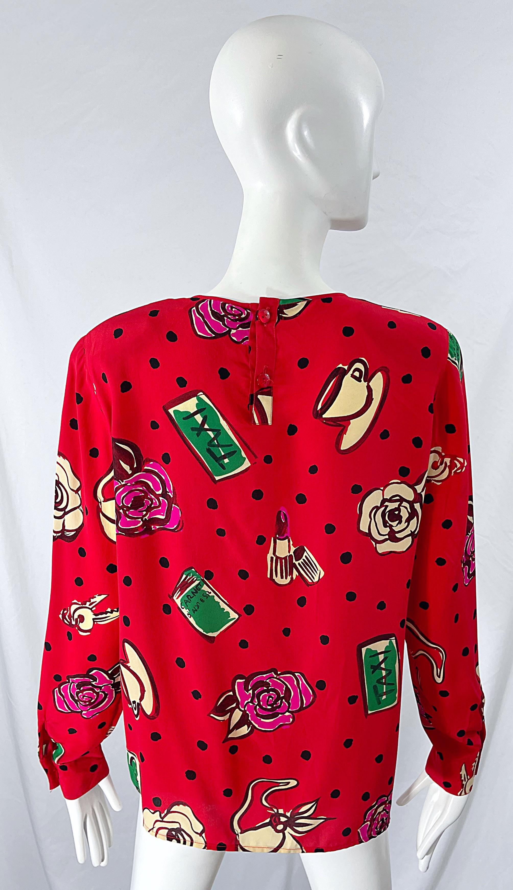 Emanuel Ungaro 1990s Size 10 Red Novelty Print Silk Vintage 90s Blouse Shirt Top For Sale 5
