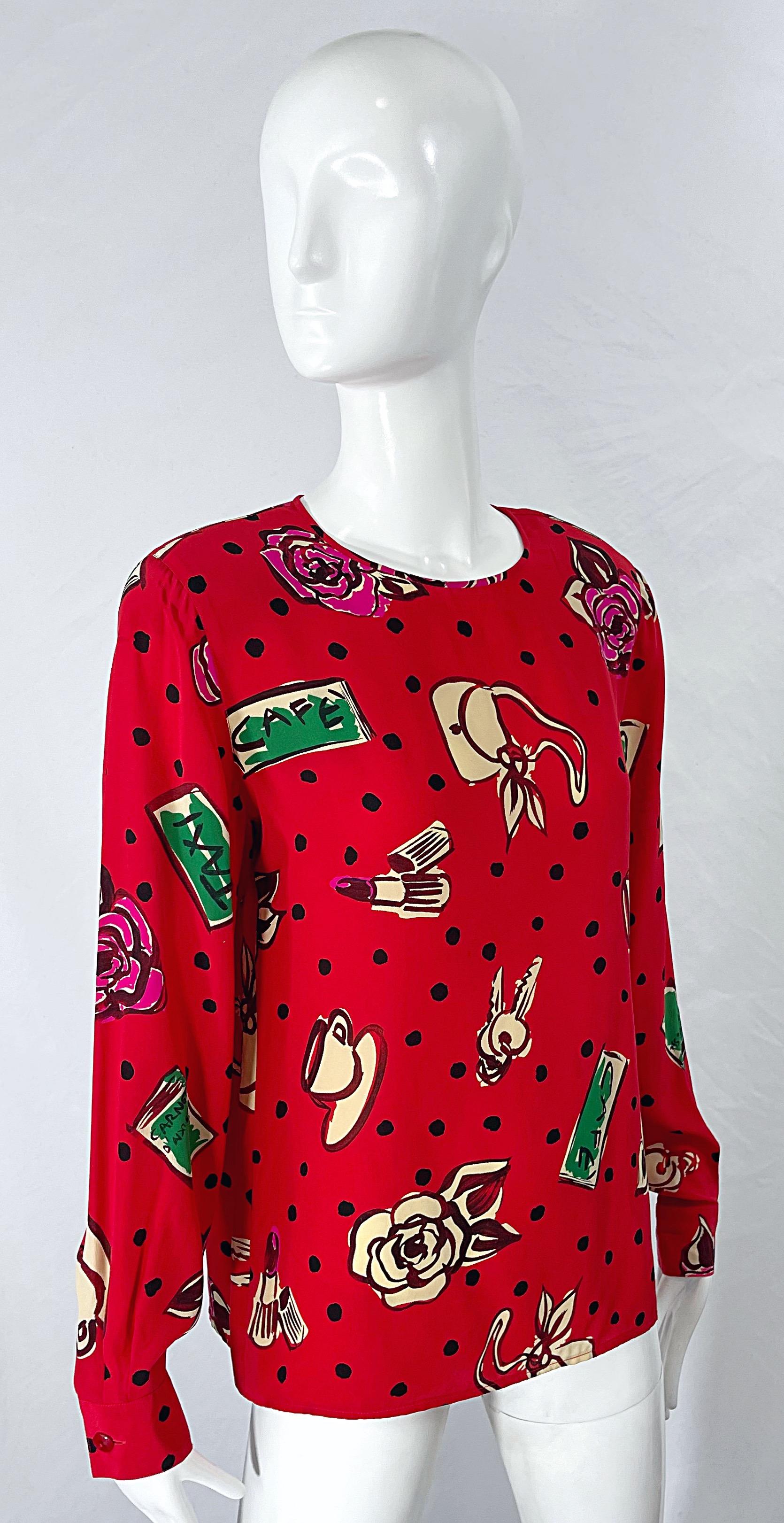 Emanuel Ungaro 1990s Size 10 Red Novelty Print Silk Vintage 90s Blouse Shirt Top For Sale 6