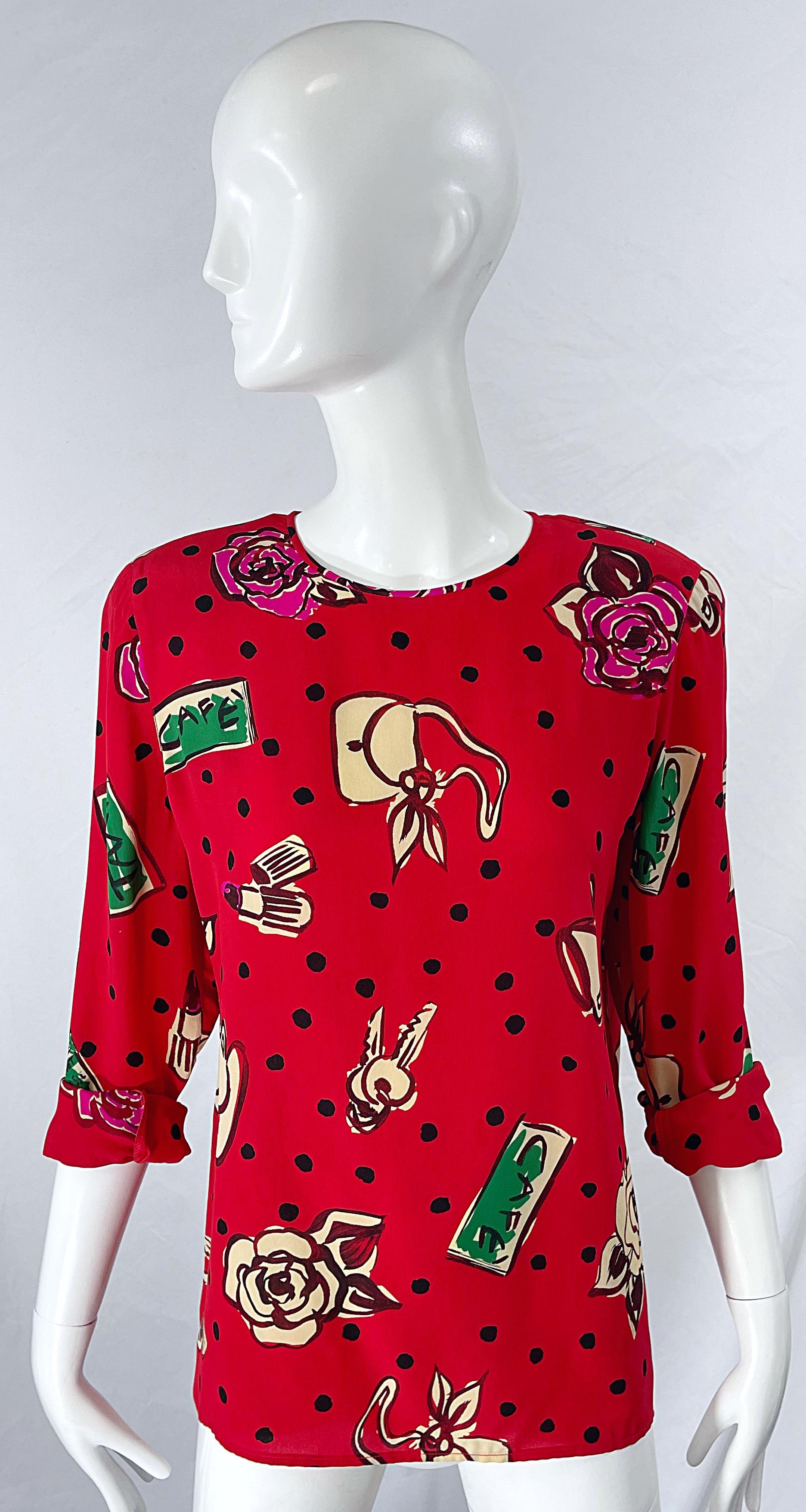 Emanuel Ungaro 1990s Size 10 Red Novelty Print Silk Vintage 90s Blouse Shirt Top For Sale 7