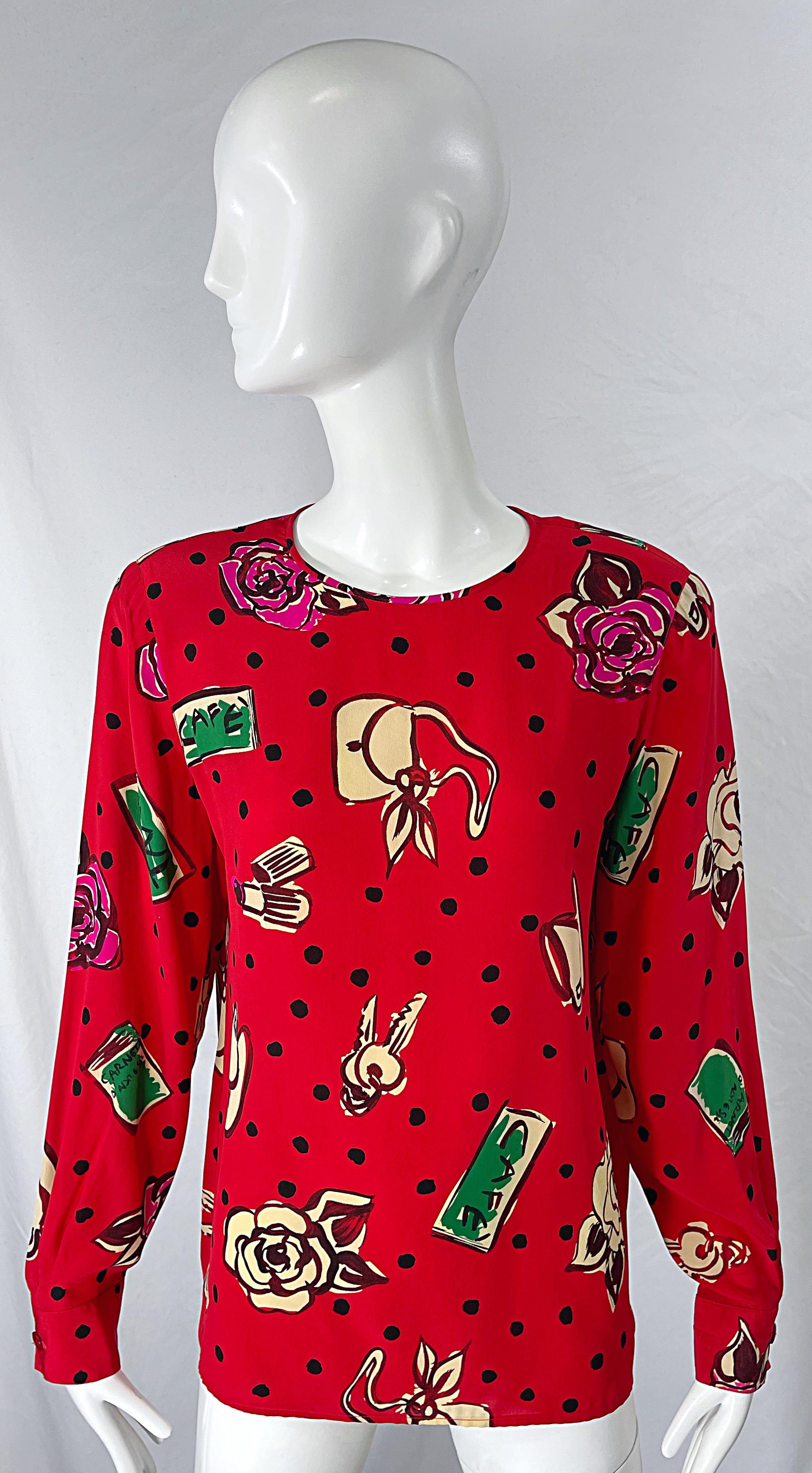 Emanuel Ungaro 1990s Size 10 Red Novelty Print Silk Vintage 90s Blouse Shirt Top For Sale 8