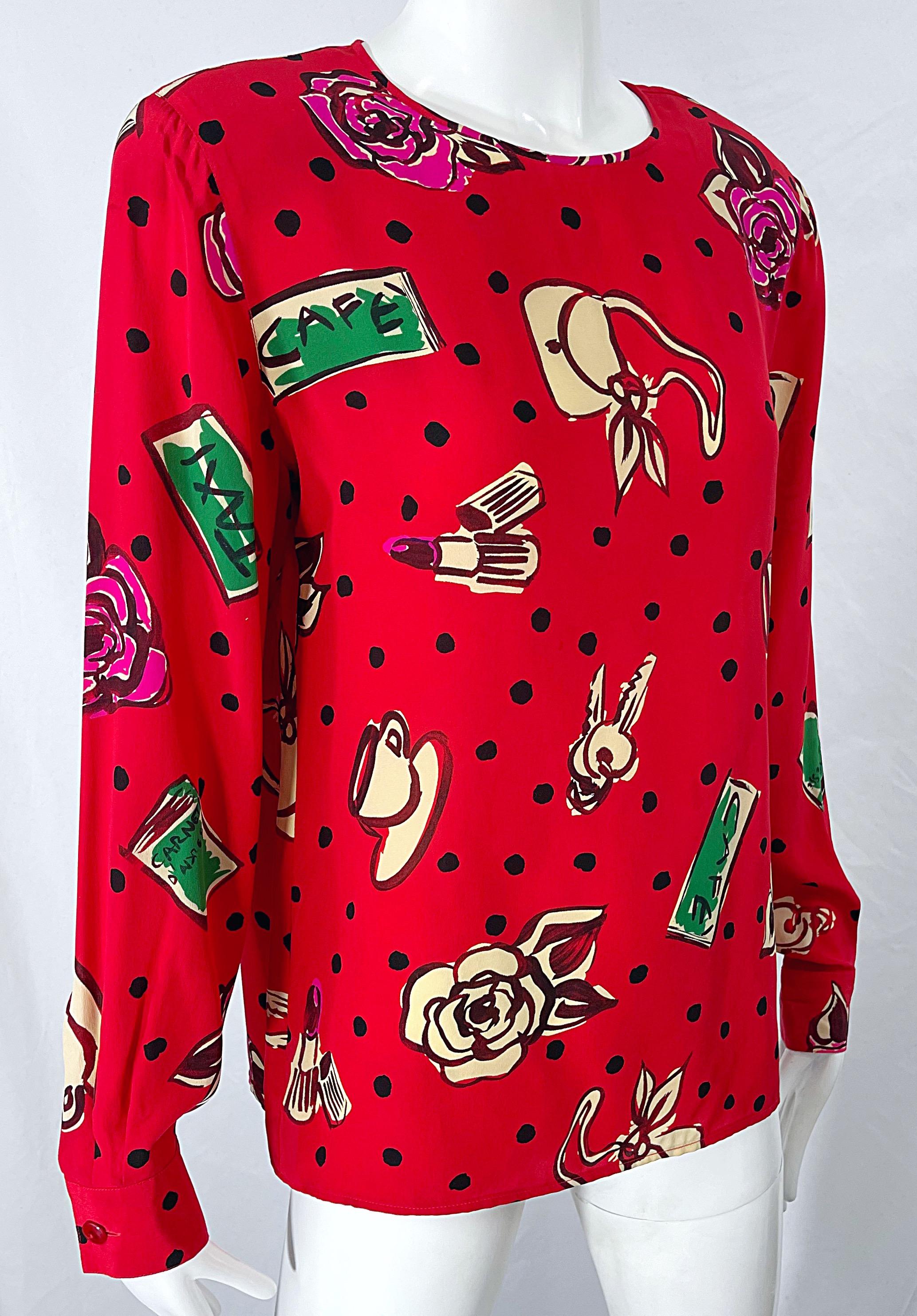 Women's Emanuel Ungaro 1990s Size 10 Red Novelty Print Silk Vintage 90s Blouse Shirt Top For Sale