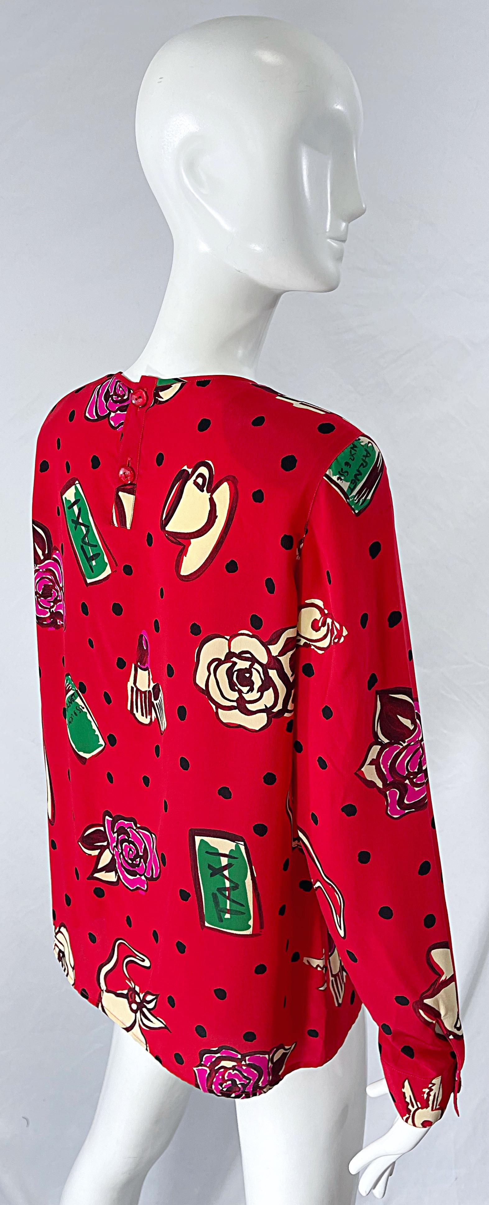 Emanuel Ungaro 1990s Size 10 Red Novelty Print Silk Vintage 90s Blouse Shirt Top For Sale 1