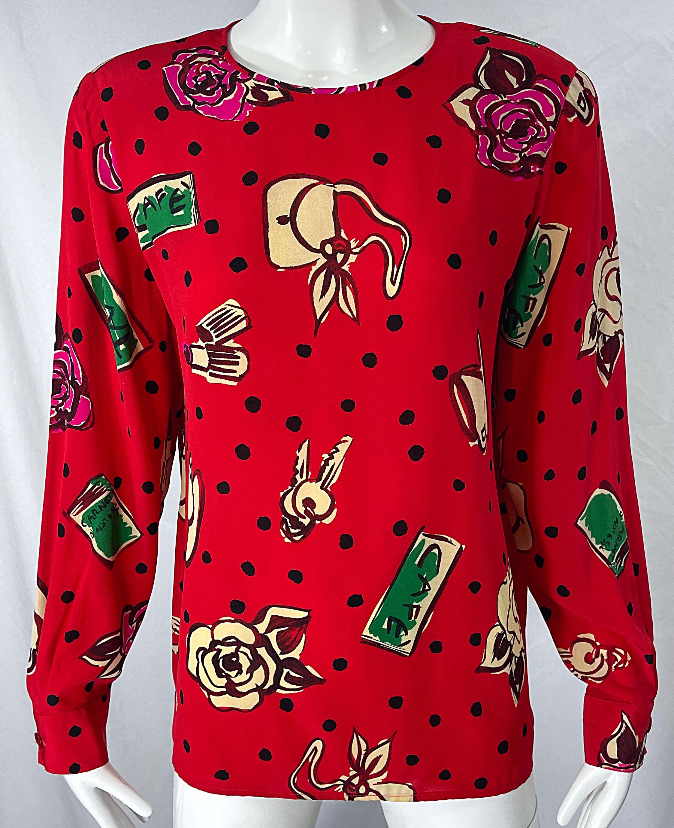 Emanuel Ungaro 1990 taglia 10 Rosso Stampa Novità Seta Vintage anni '90 Camicetta Top in vendita 5