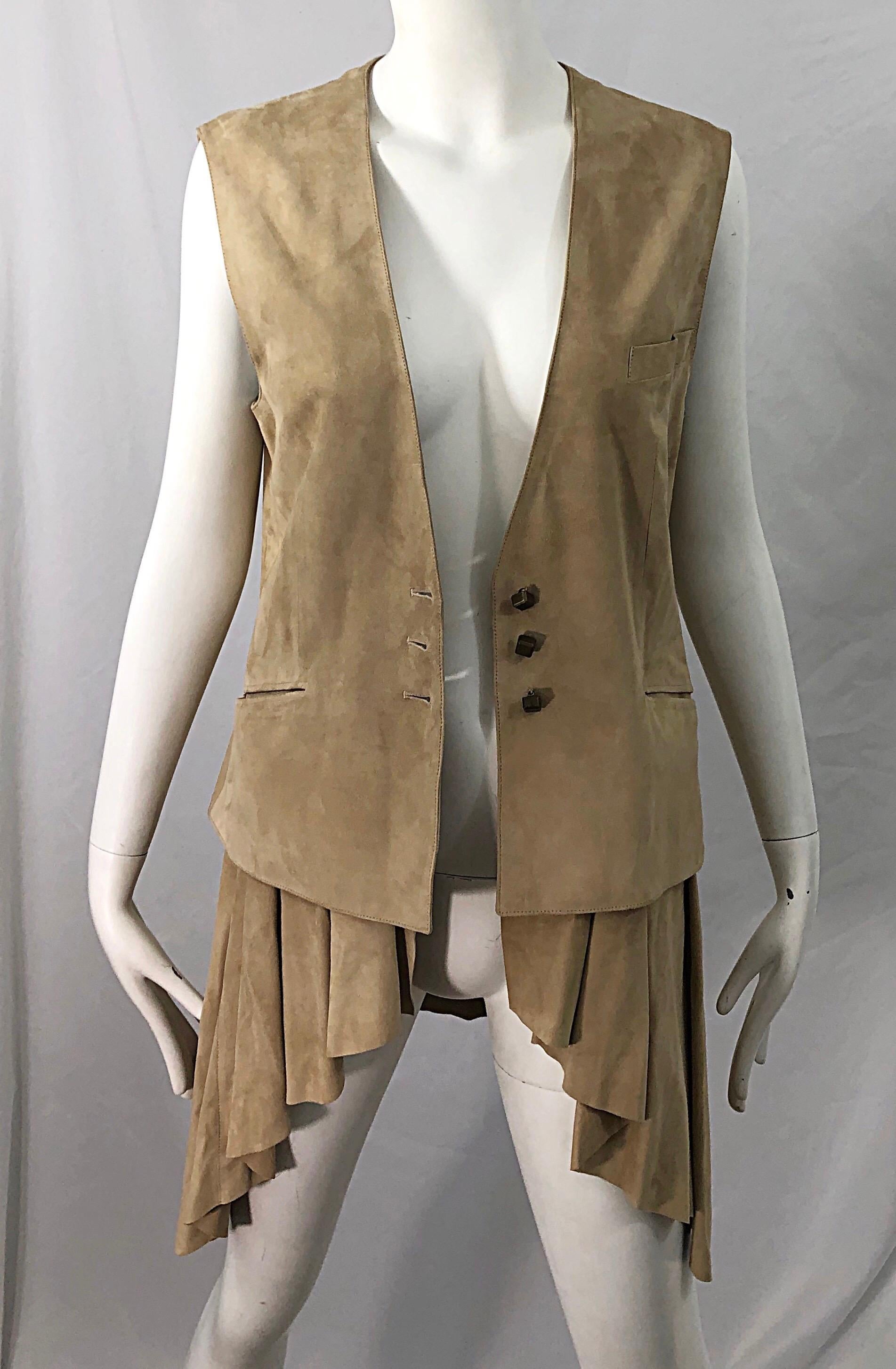 Women's Emanuel Ungaro 1990s Tan Suede Leather Size 42 / 8 Dip Hem Vintage 90s Vest Top For Sale