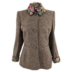 Emanuel Ungaro 1990s Vintage Tweed Jacket Floral Applique Y2K Wool Blazer
