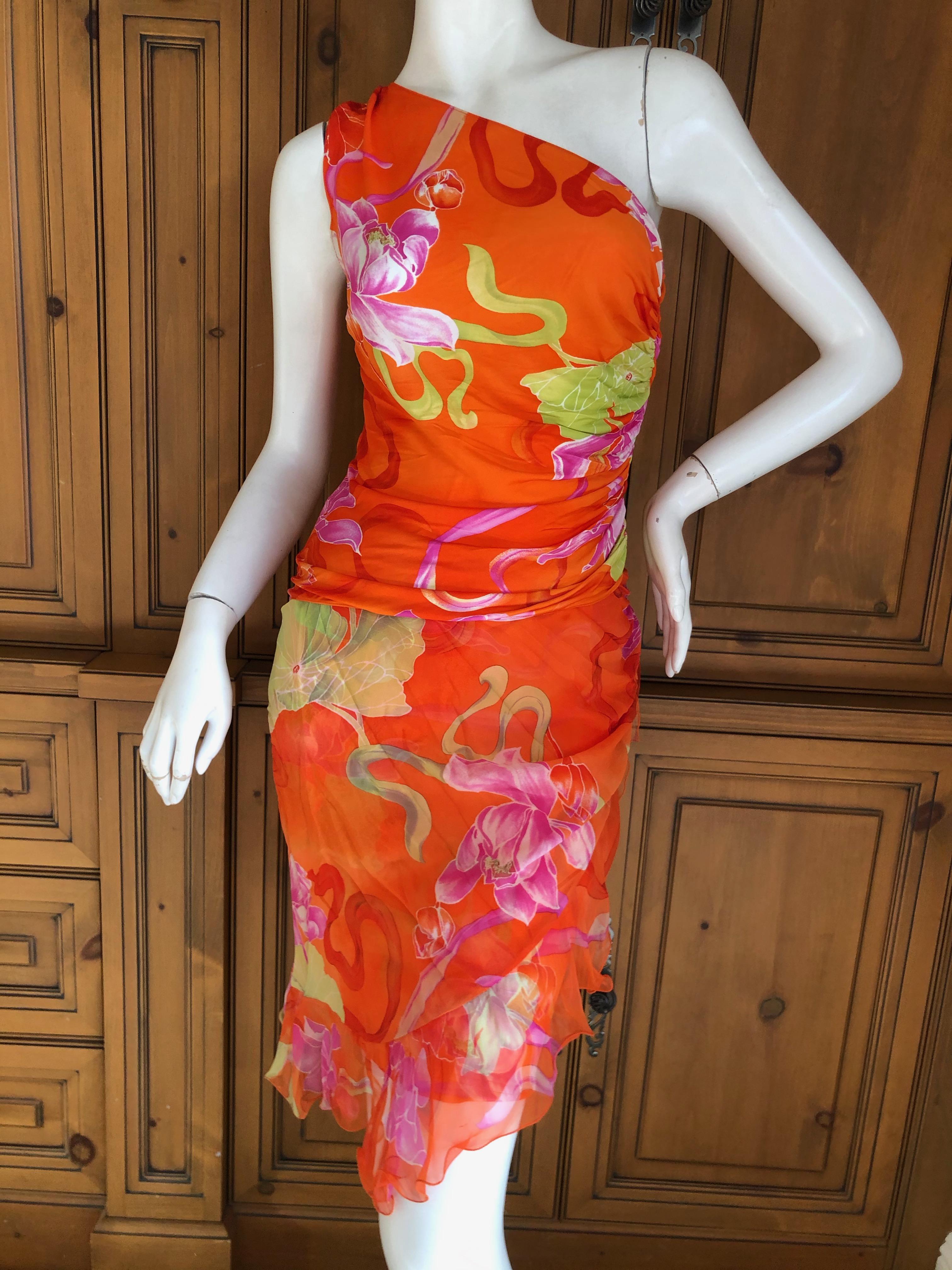 Red Emanuel Ungaro 3 Piece Silk Floral One Shoulder Dress w Shawl by Peter Dundas For Sale