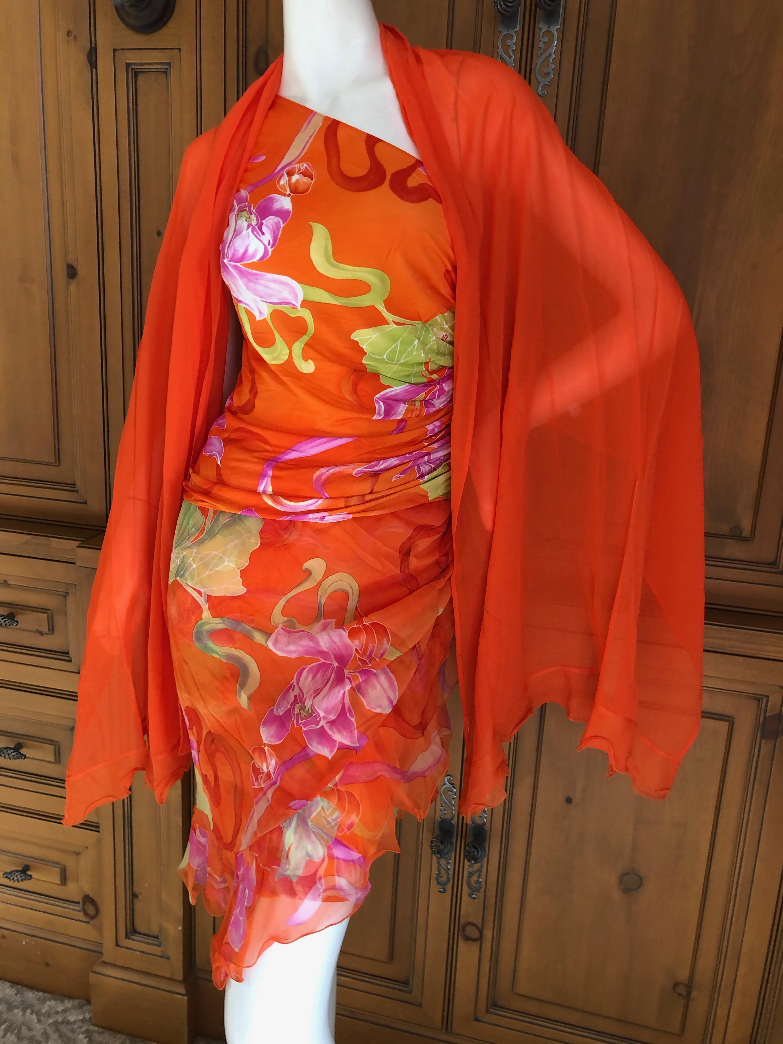 Emanuel Ungaro 3 Piece Silk Floral One Shoulder Dress w Shawl by Peter Dundas For Sale 1