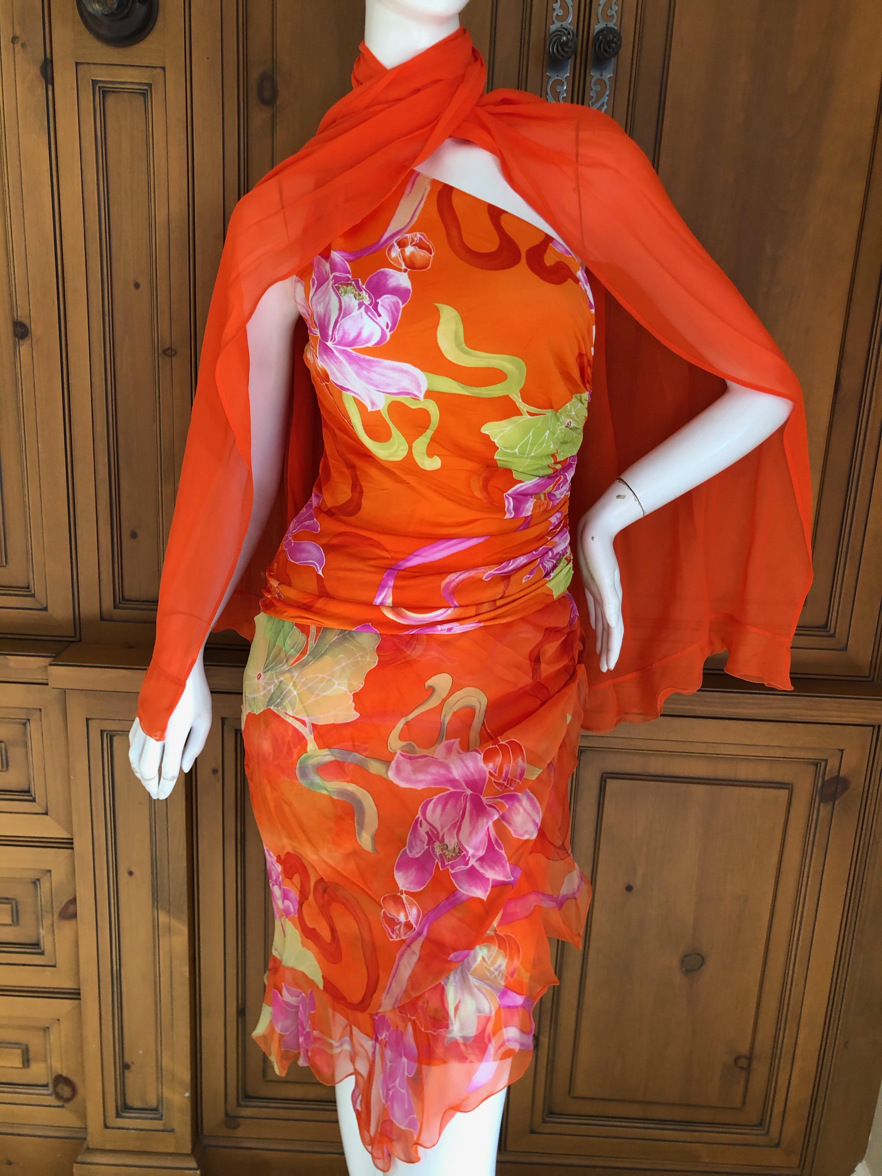 Emanuel Ungaro 3 Piece Silk Floral One Shoulder Dress w Shawl by Peter Dundas For Sale 2