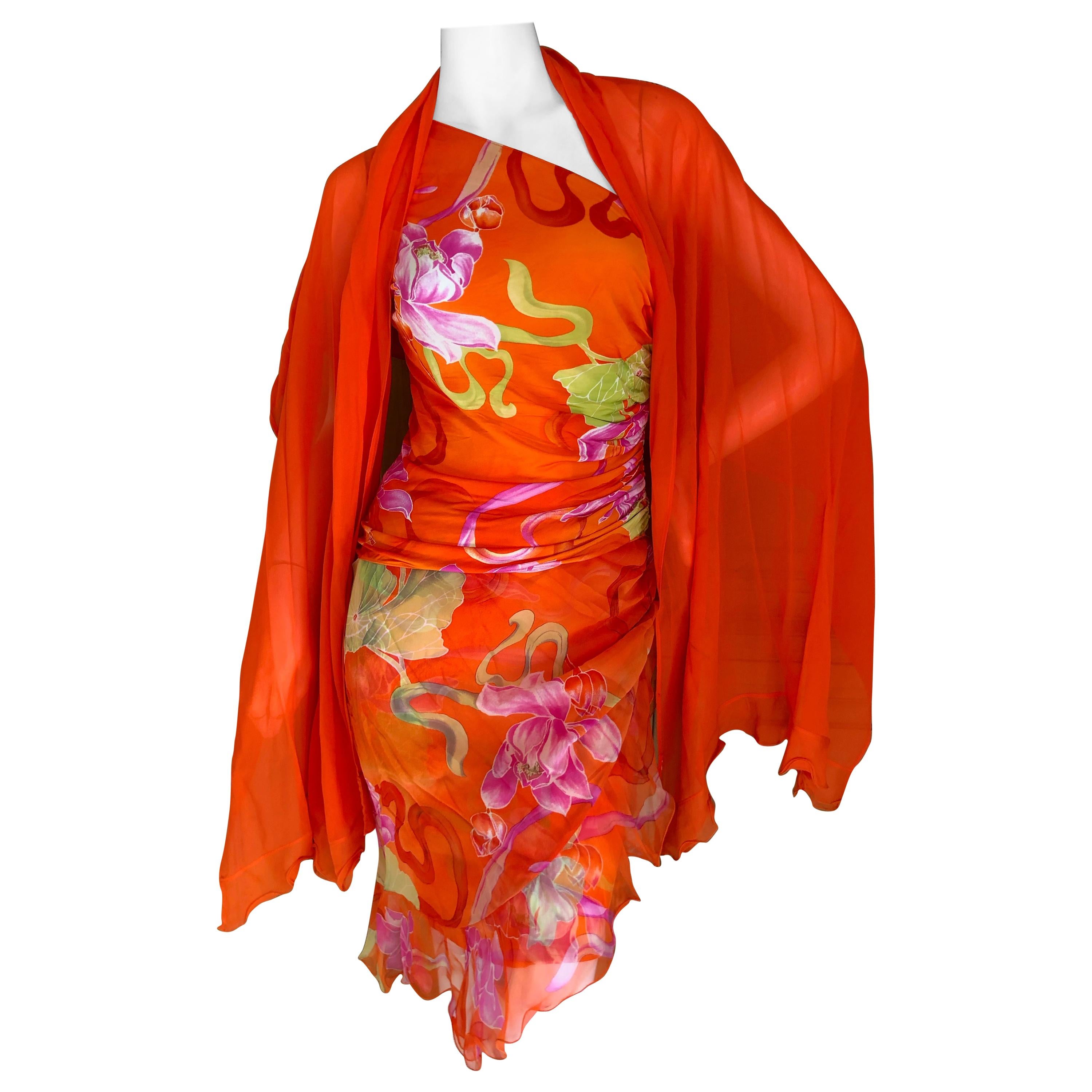 Emanuel Ungaro 3 Piece Silk Floral One Shoulder Dress w Shawl by Peter Dundas For Sale