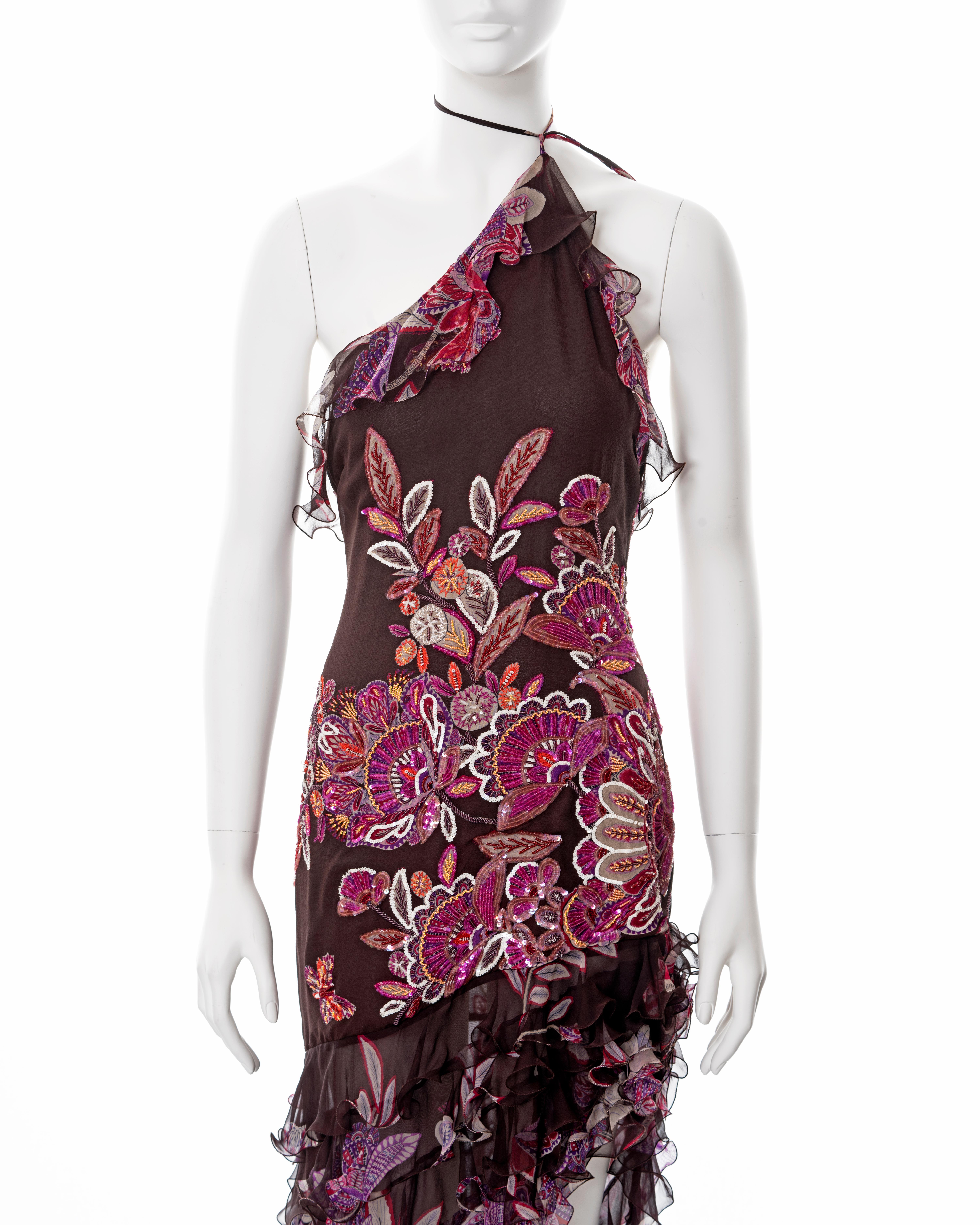 Women's Emanuel Ungaro beaded burgundy silk halter neck evening dress, ss 2003 For Sale