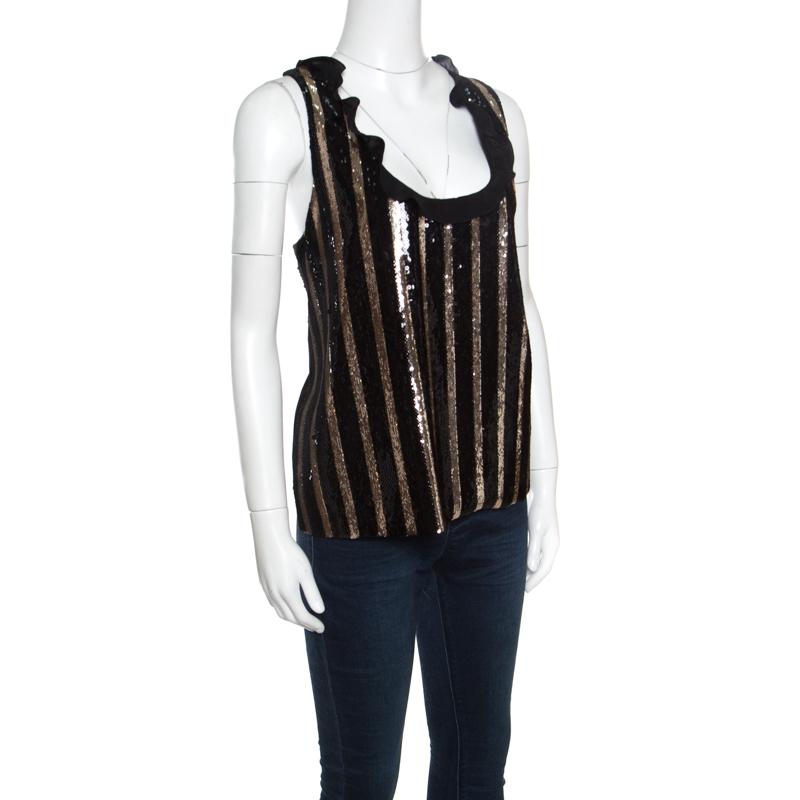 Emanuel Ungaro Black and Gold Striped Sequin Embellished Silk Sleeveless Top L In Excellent Condition In Dubai, Al Qouz 2
