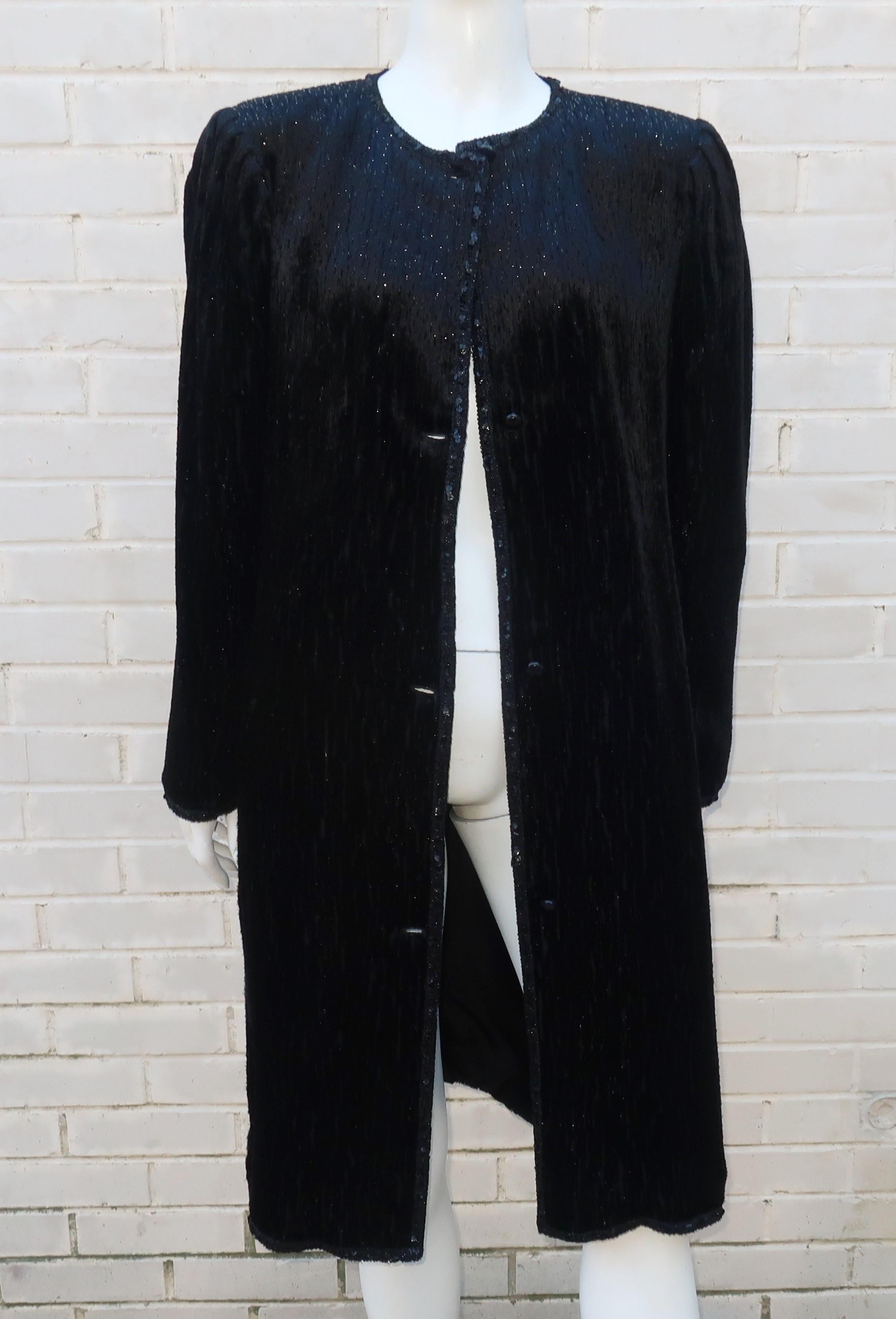 Emanuel Ungaro Black Cut Velvet Lamé Coat & Skirt Suit, 1980's 6