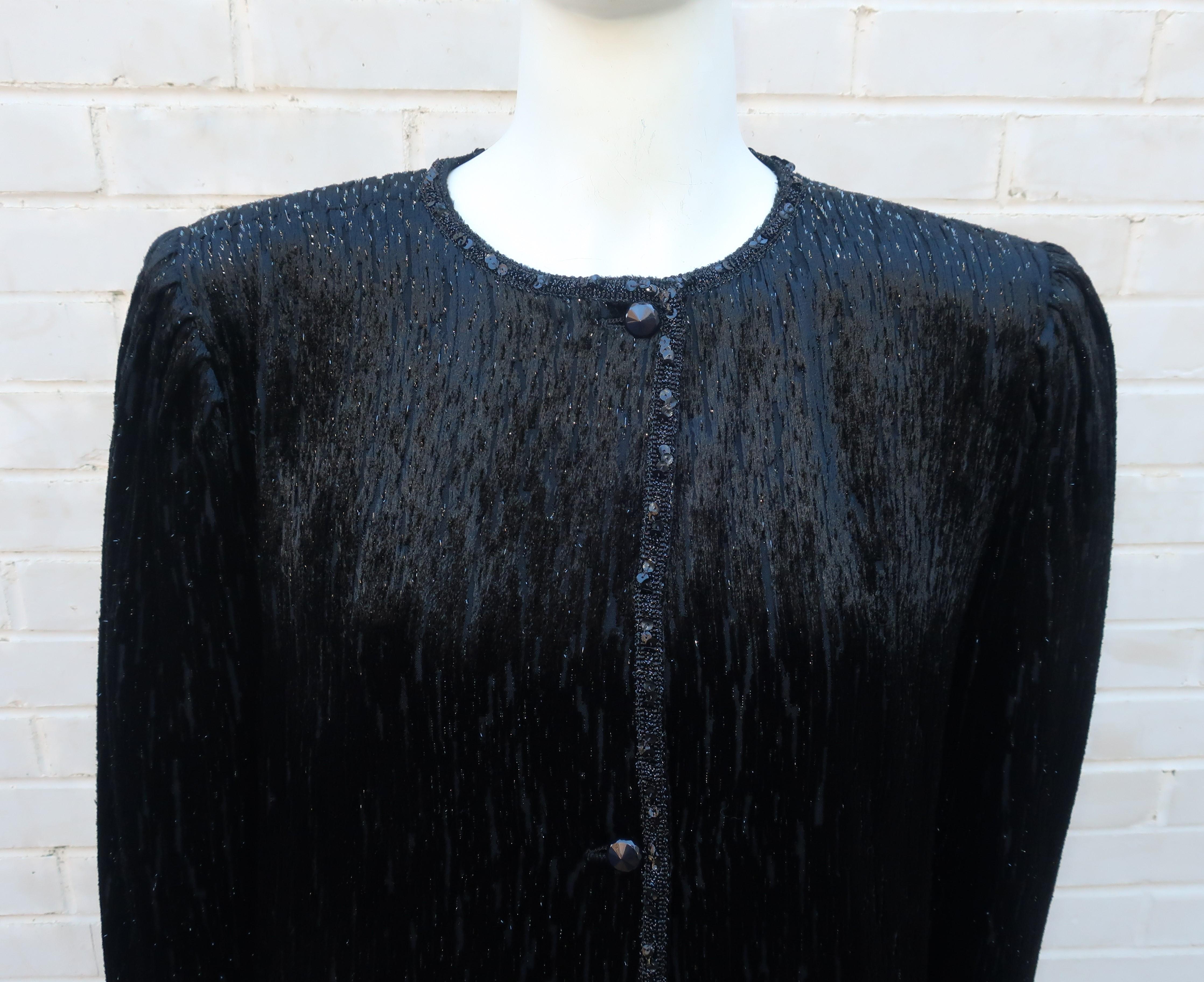Emanuel Ungaro Black Cut Velvet Lamé Coat & Skirt Suit, 1980's In Good Condition In Atlanta, GA