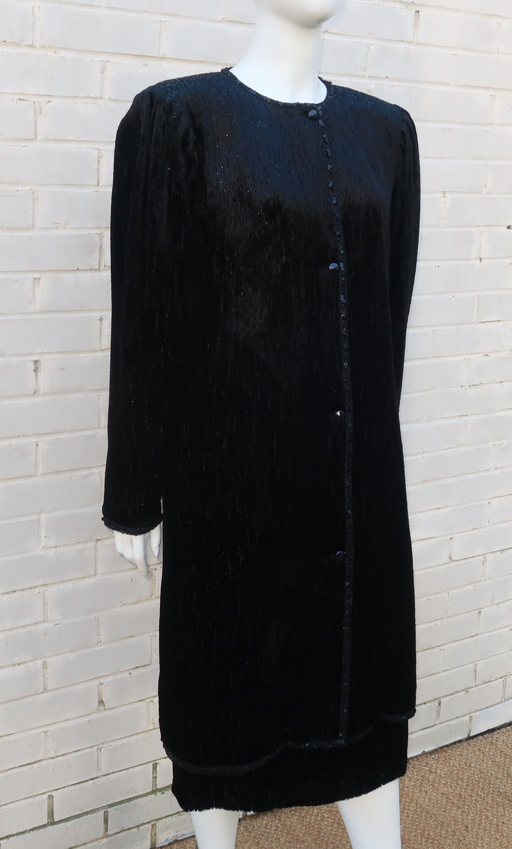 Emanuel Ungaro Black Cut Velvet Lamé Coat & Skirt Suit, 1980's 1