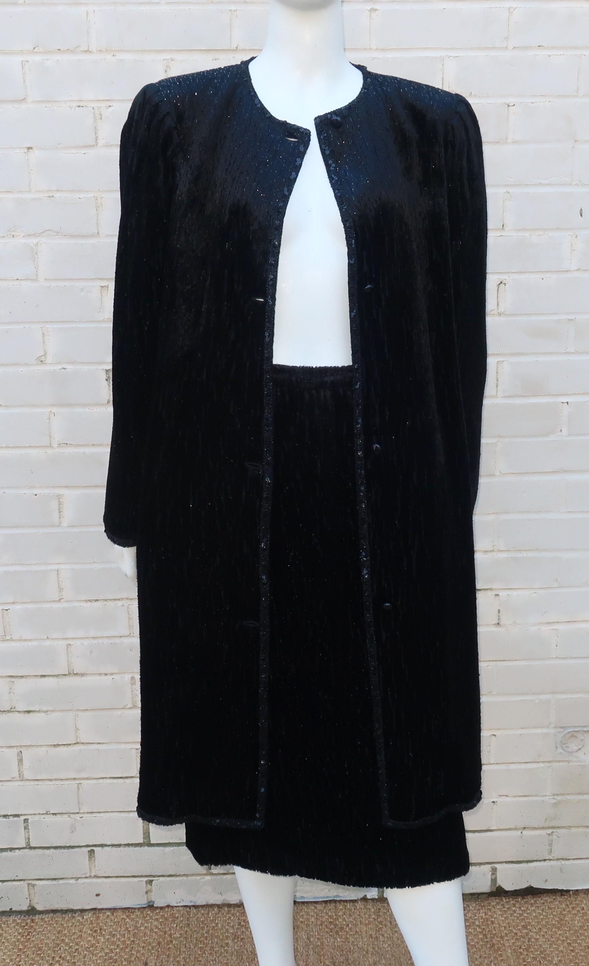 Emanuel Ungaro Black Cut Velvet Lamé Coat & Skirt Suit, 1980's 5