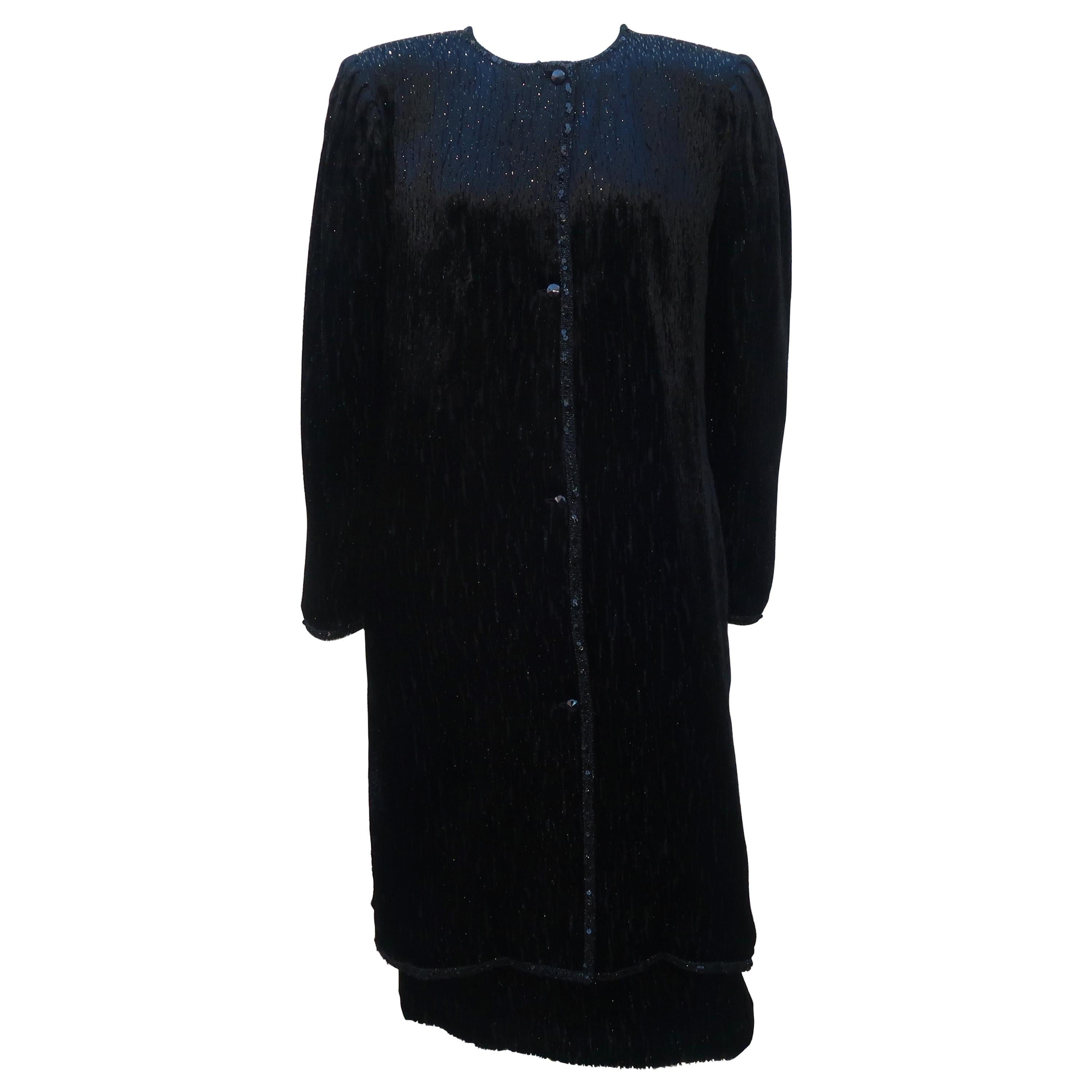 Emanuel Ungaro Black Cut Velvet Lamé Coat & Skirt Suit, 1980's