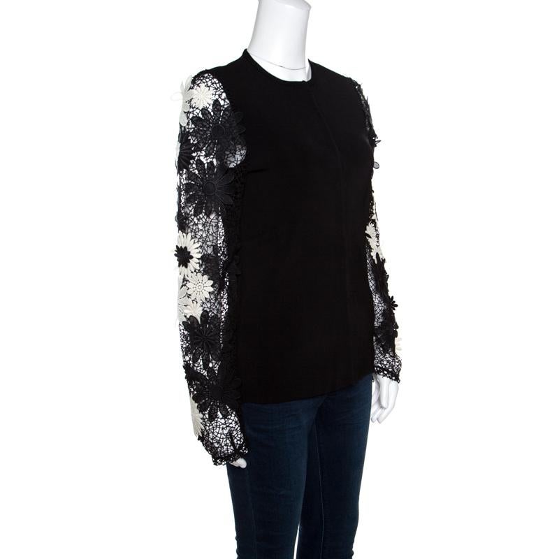 Emanuel Ungaro Black Floral Applique Lace Sleeve Detail Cardigan L In Good Condition In Dubai, Al Qouz 2