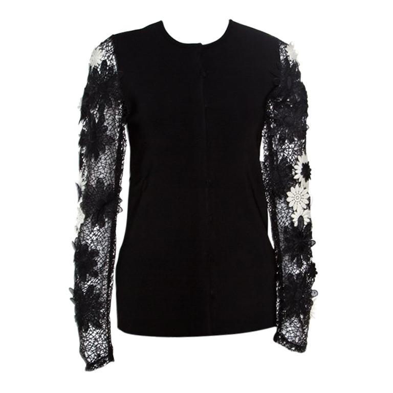 Emanuel Ungaro Black Floral Applique Lace Sleeve Detail Cardigan L