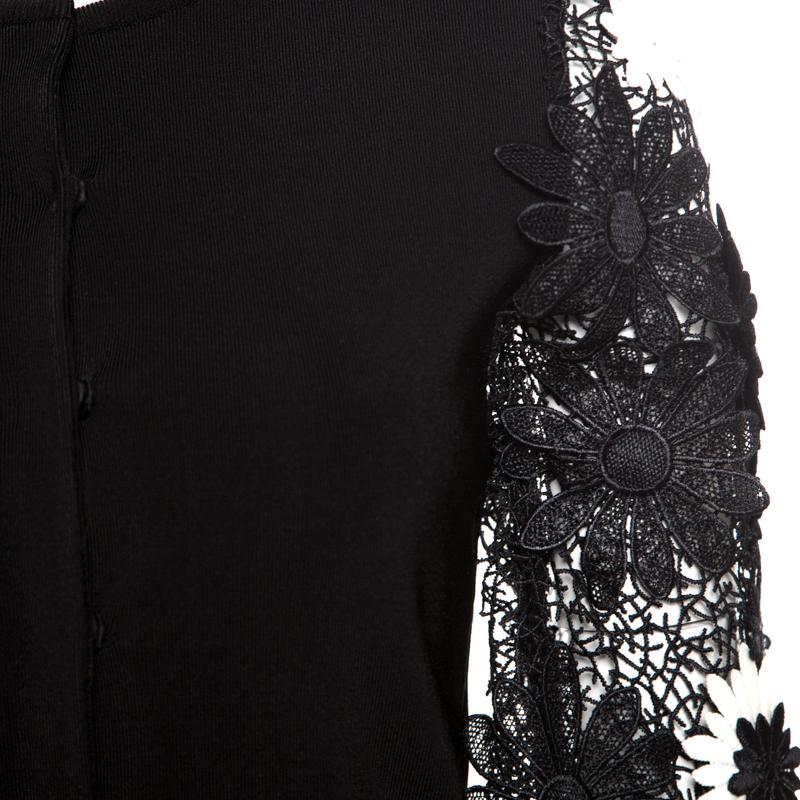 Emanuel Ungaro Black Floral Applique Lace Sleeve Detail V Neck Pullover L 2