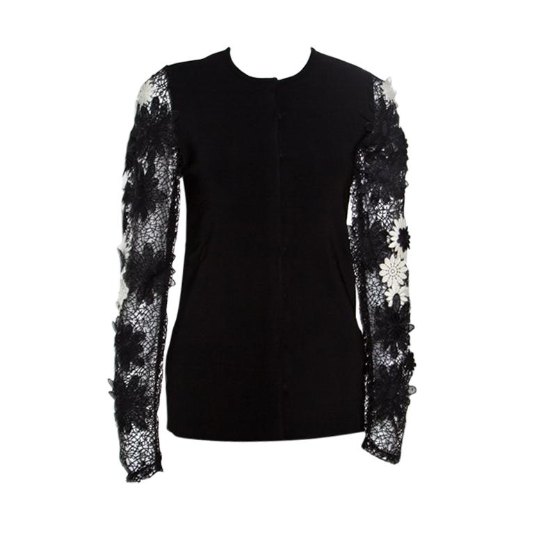 Emanuel Ungaro Black Floral Applique Lace Sleeve Detail V Neck Pullover L